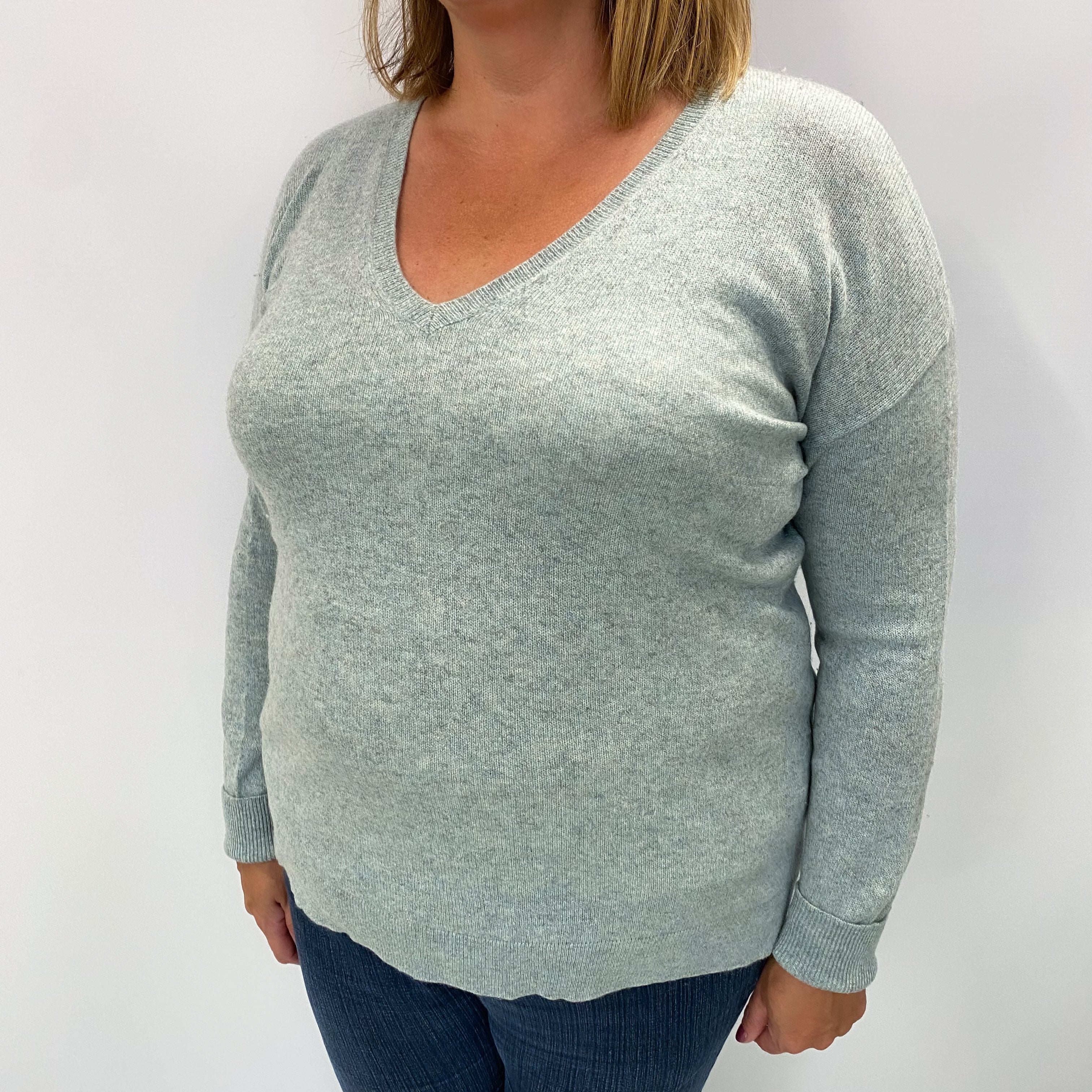 Duck Egg Marl Cashmere V Neck Jumper Extra Large