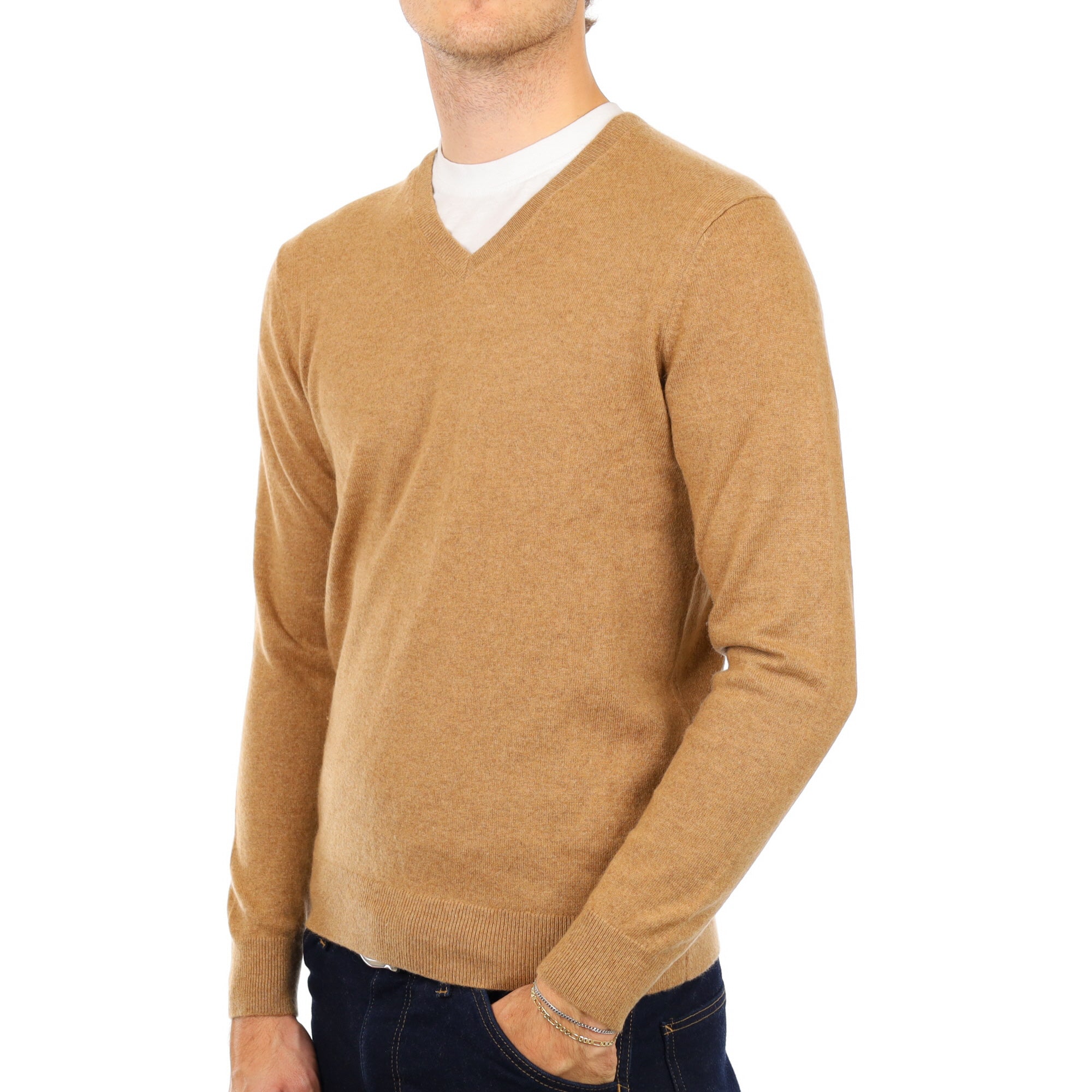 Men's Fudge Brown Cashmere V Neck Jumper Medium