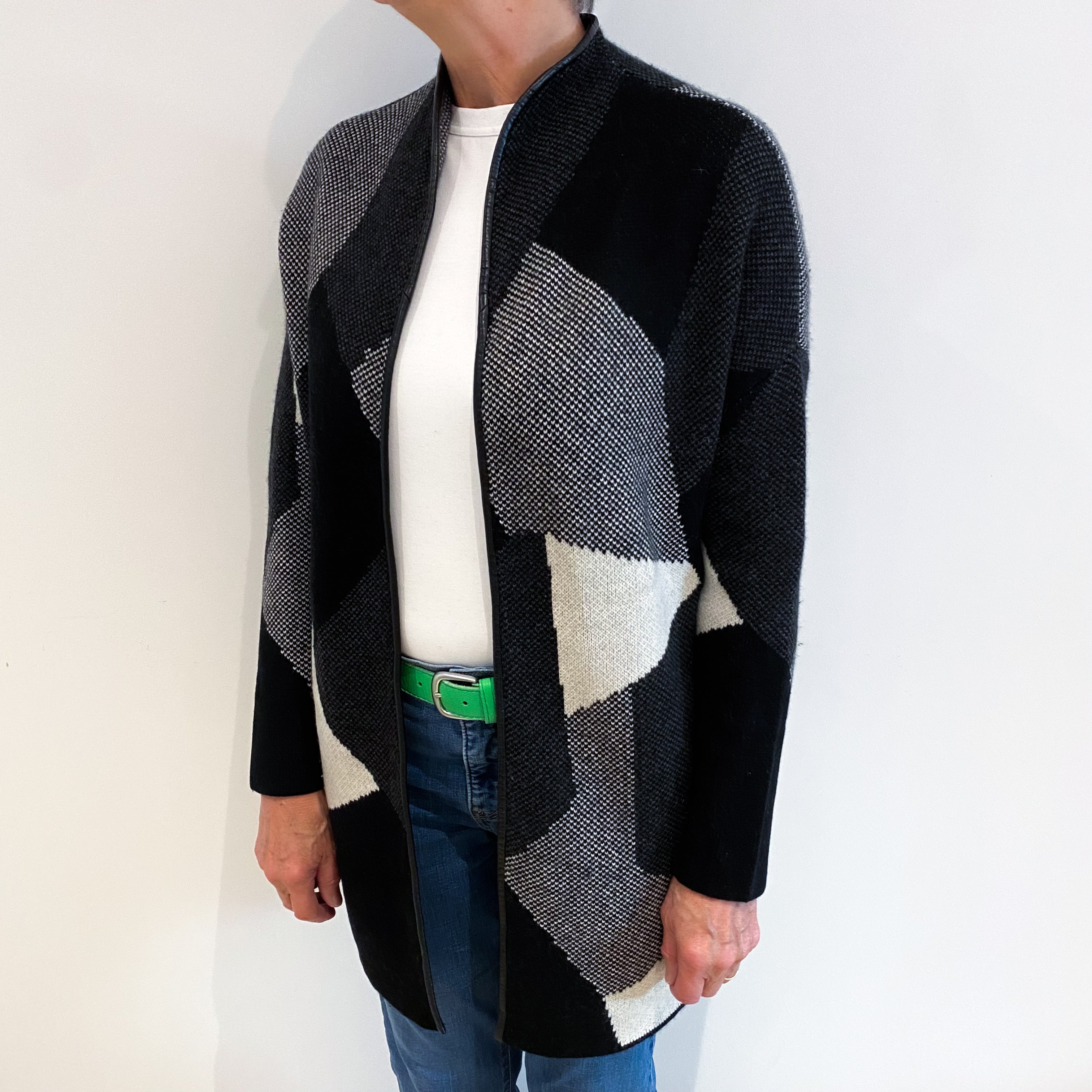 Black Grey Block Print Cashmere Edge to Edge Cardigan Medium