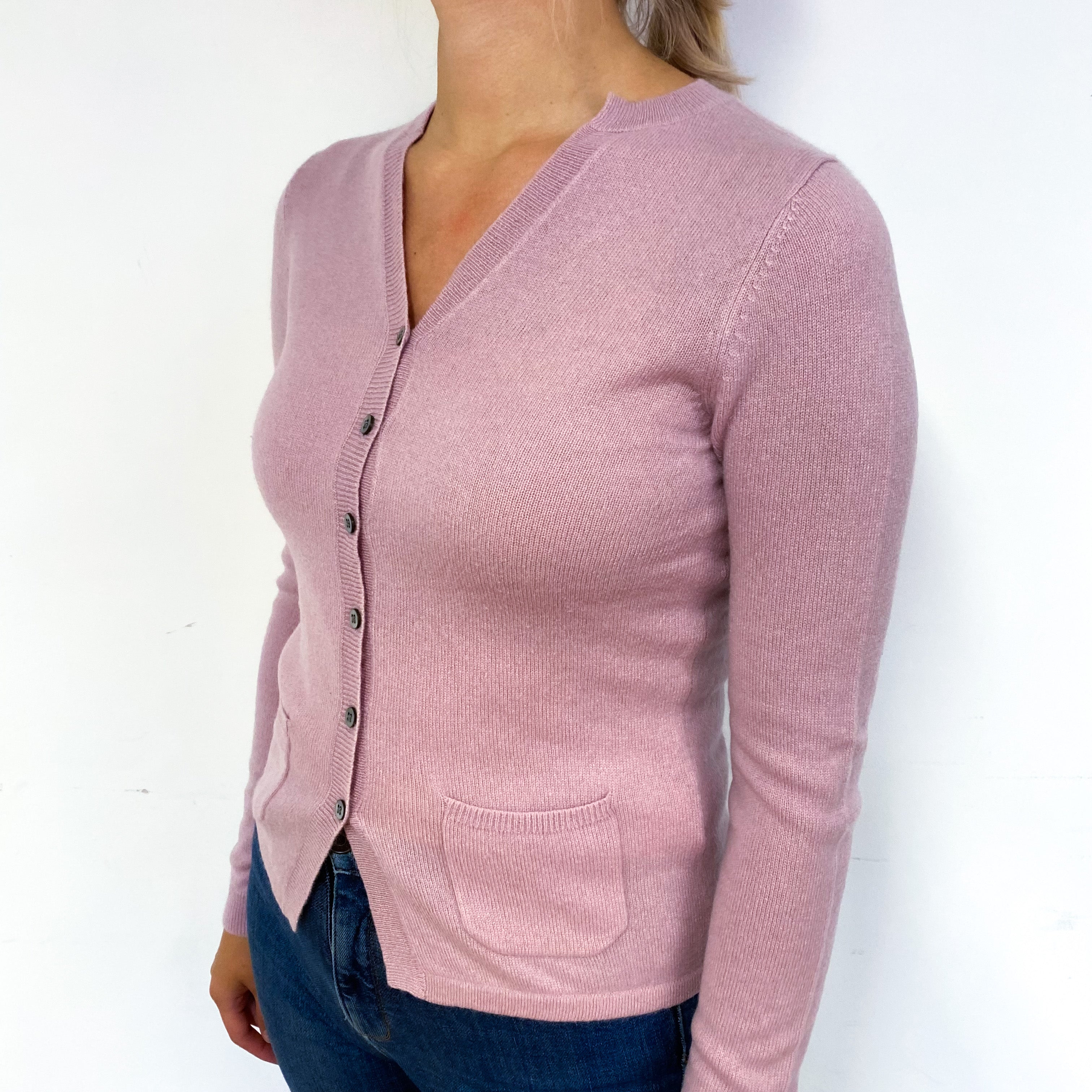 Mauve Pink Cashmere V-Neck Cardigan with Pockets Small