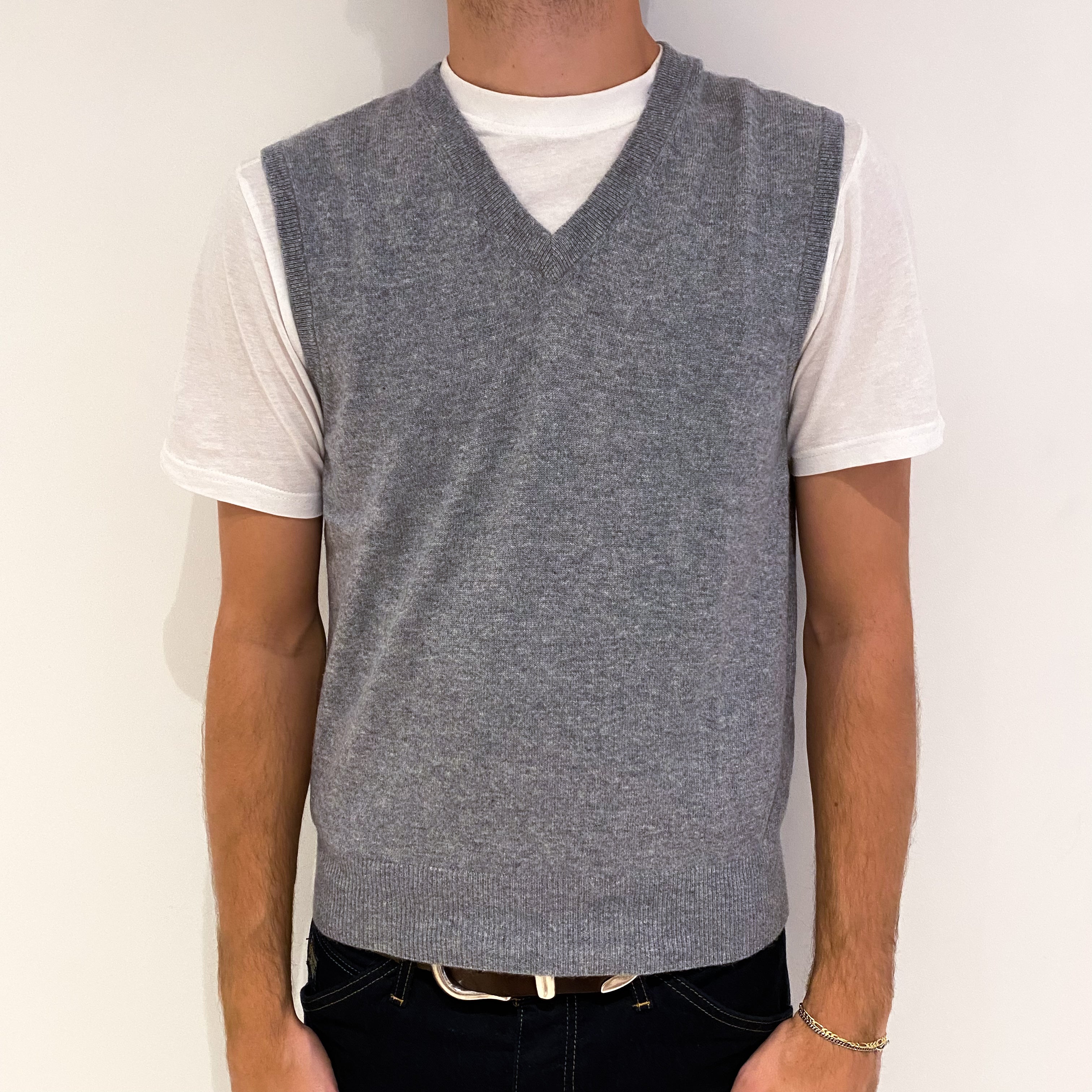 Men's Steel Grey Cashmere V-Neck Tank Top Medium