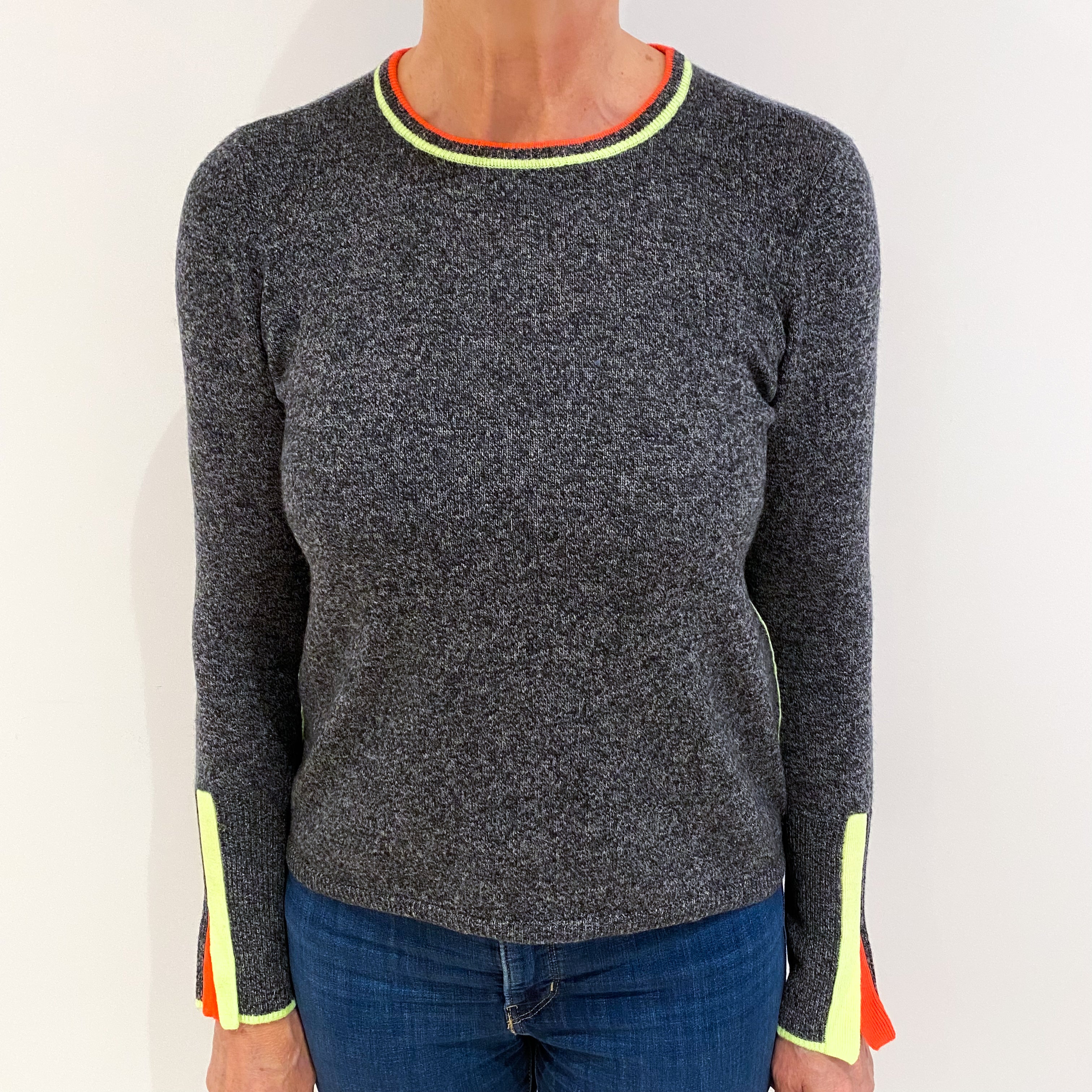 Slate Grey Neon Trim Cashmere Crew Neck Jumper Medium