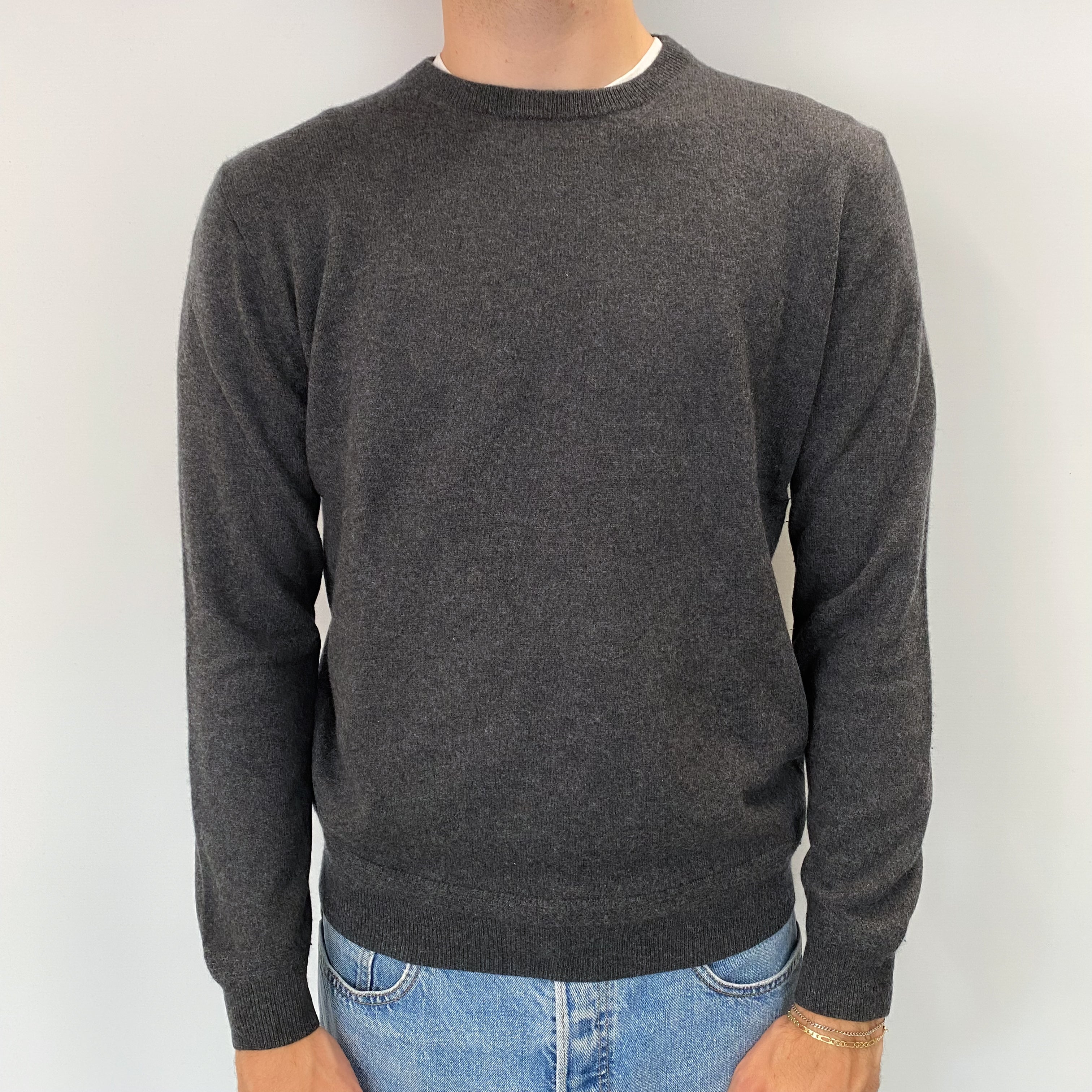 Men's Charcoal Grey Cashmere Crew Neck Jumper Large