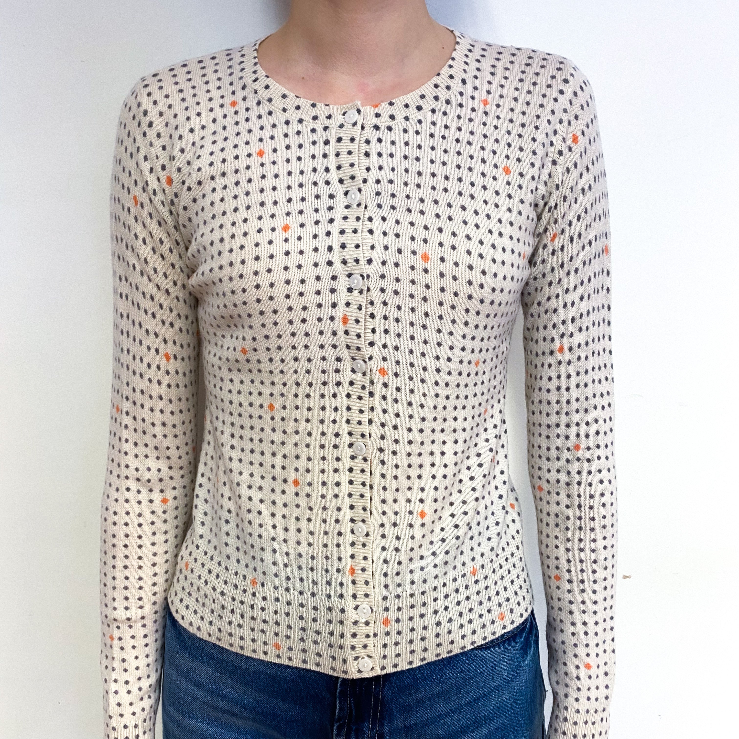 Cream Ditsy Diamond Cashmere Crew Neck Cardigan Extra Small