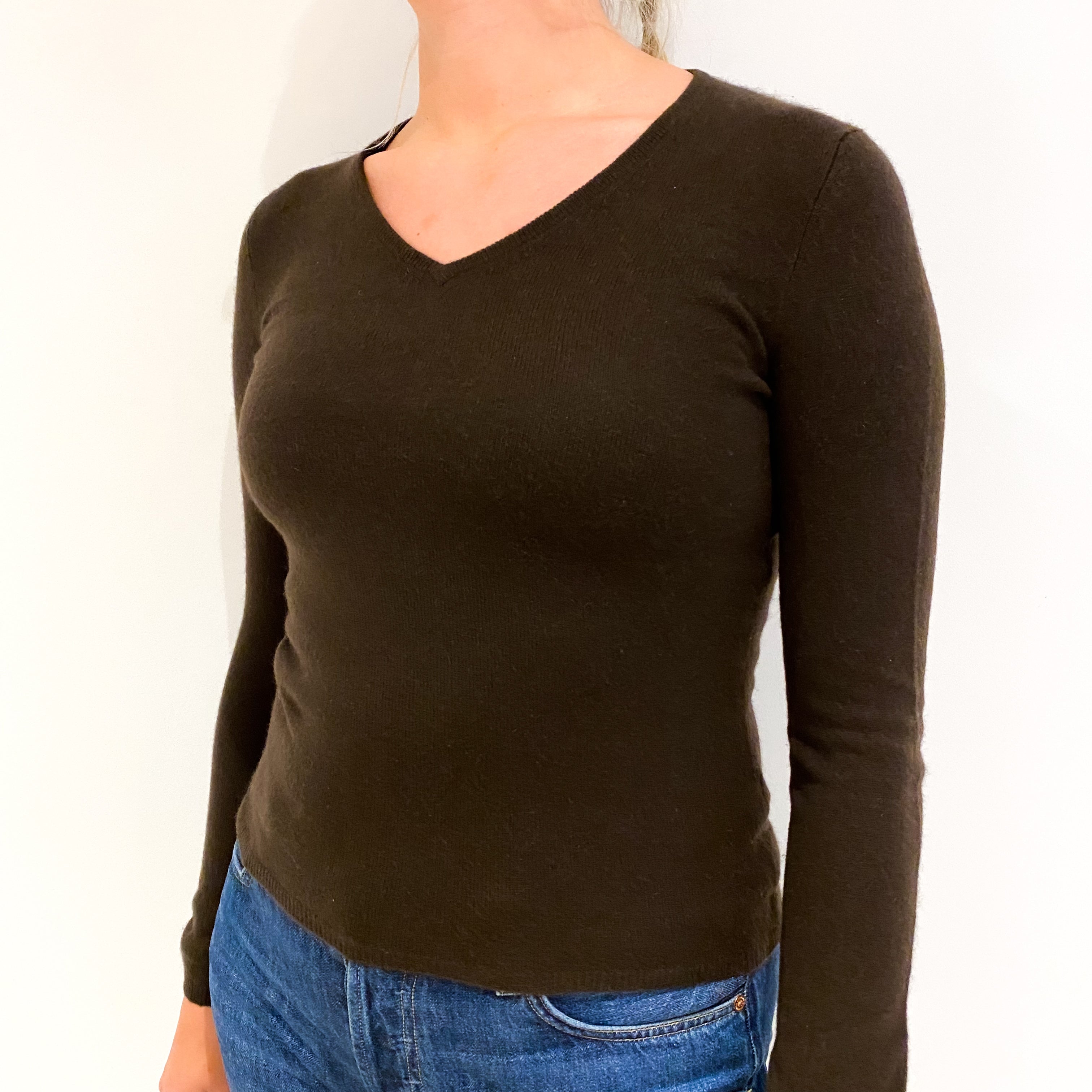 Dark Chocolate Brown Cashmere V-Neck Jumper Small