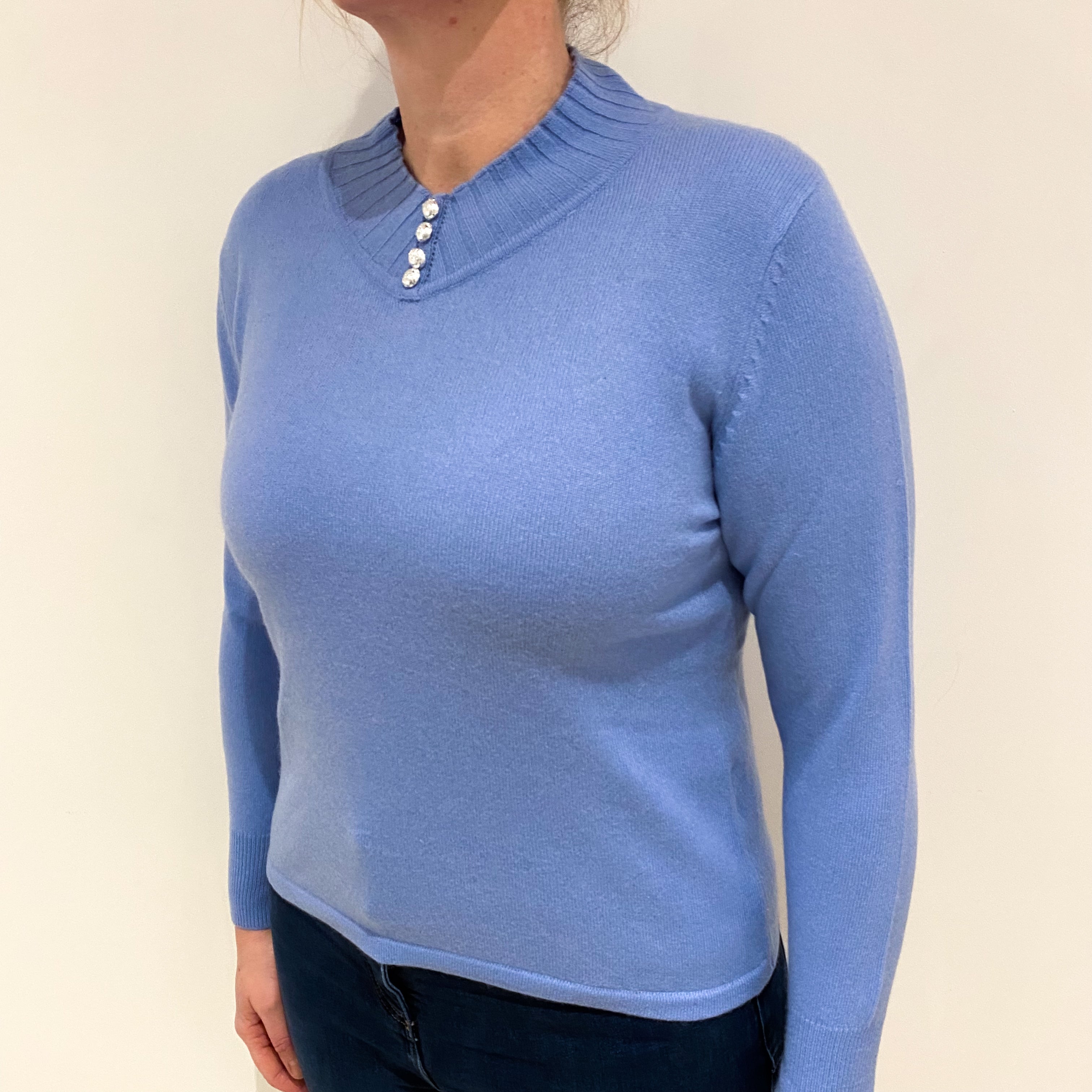 Sky Blue Cashmere High V Neck Jumper Large