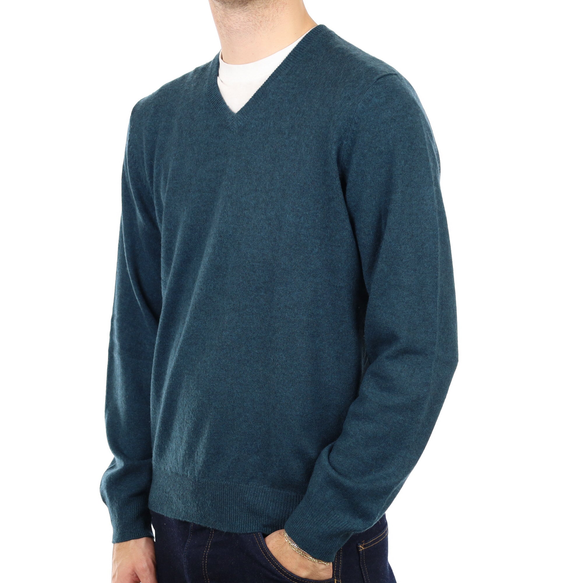 Men's Petrol Blue Cashmere V Neck Jumper Large