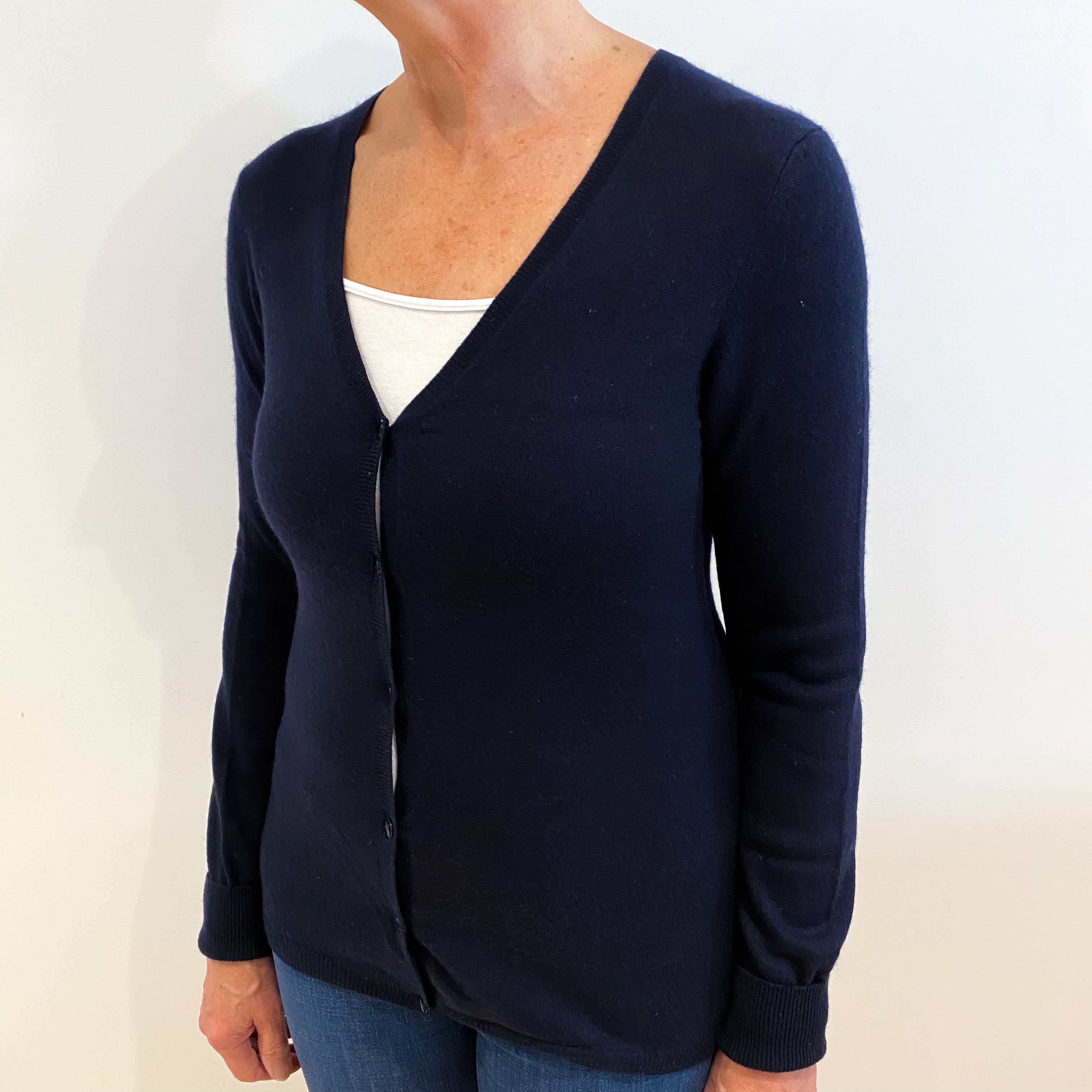 Navy Blue Cashmere V Neck Cardigan Medium