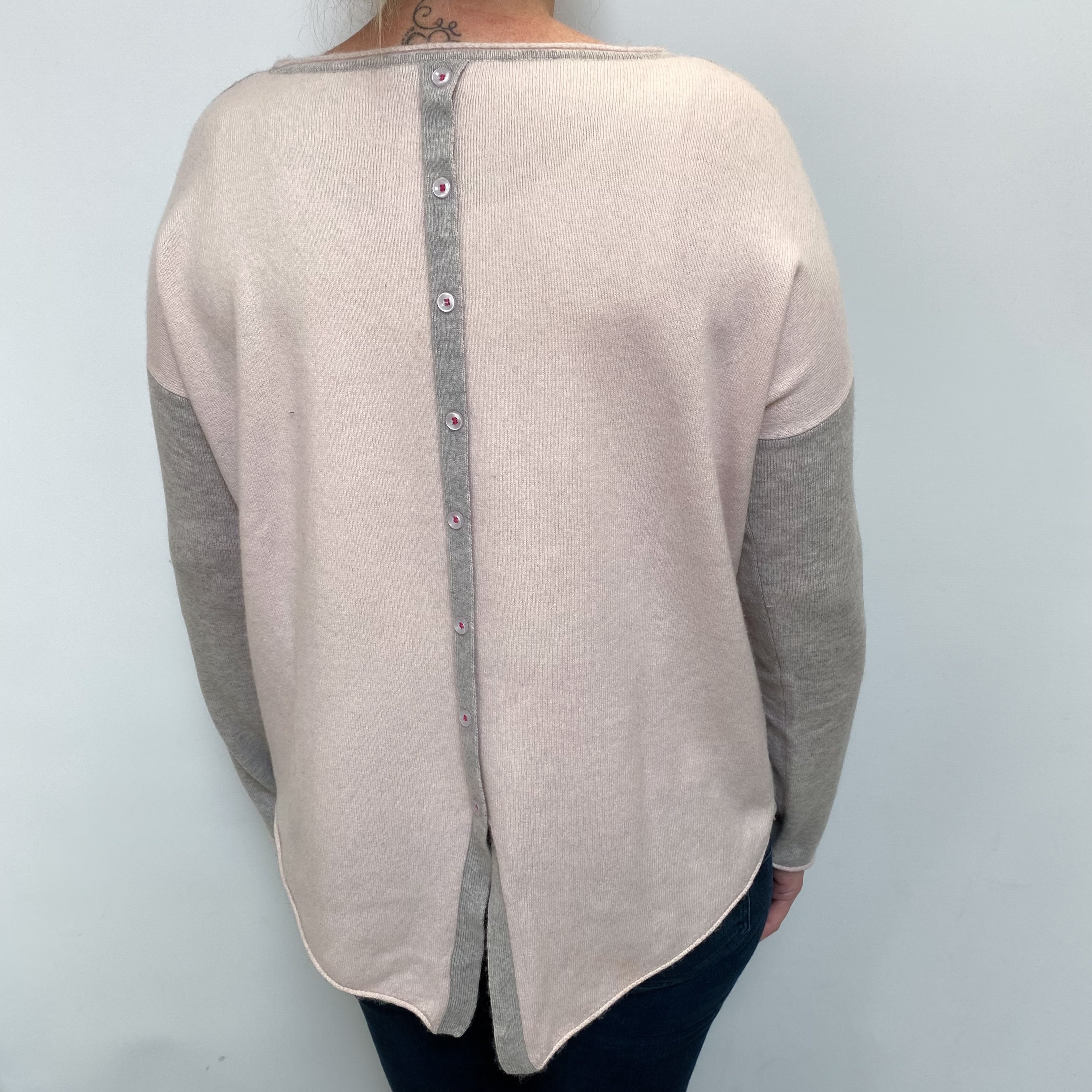 Pale Grey and Pink Cashmere Button Back Crew Neck Jumper Large