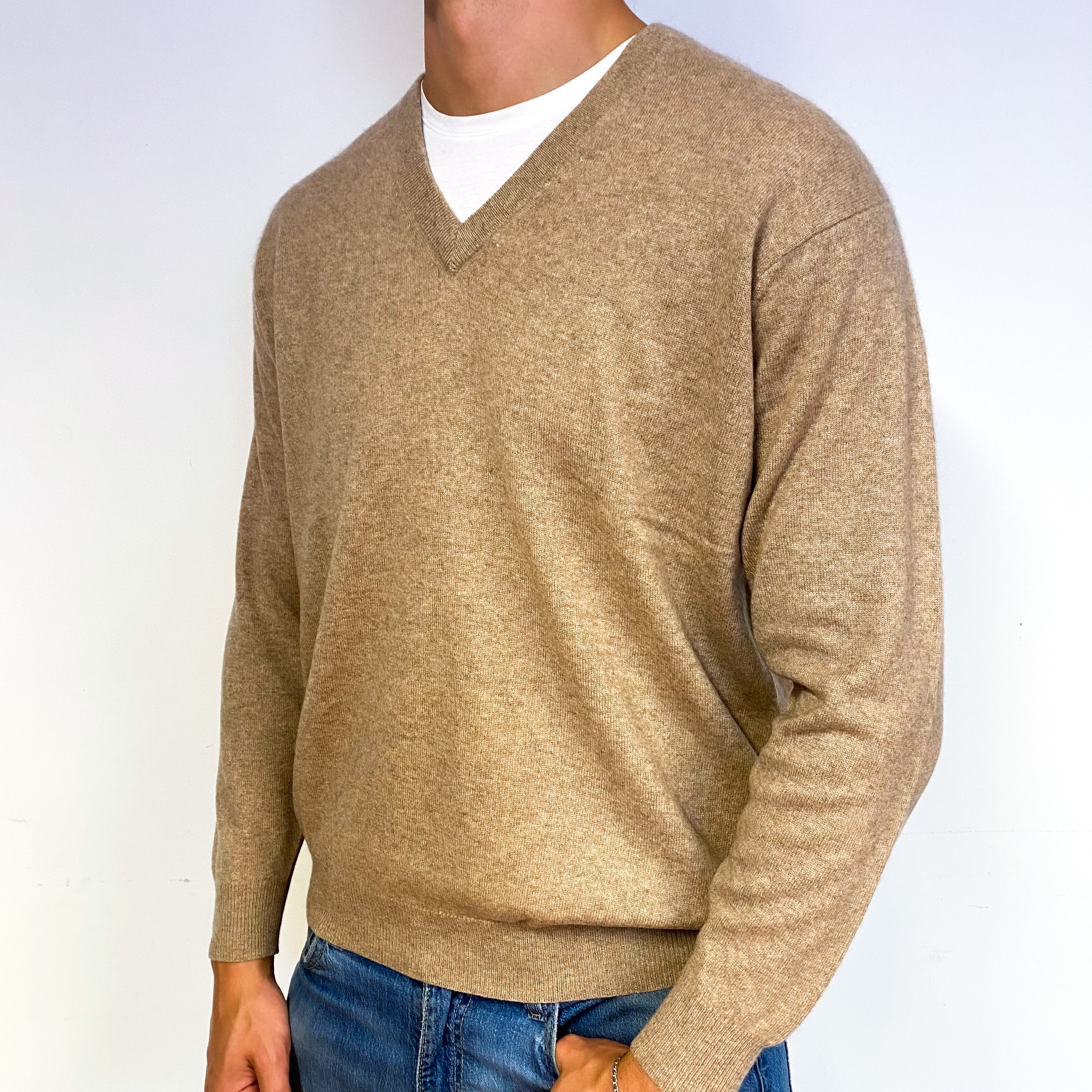 Men's Biscuit Brown Cashmere V-Neck Jumper Extra Large