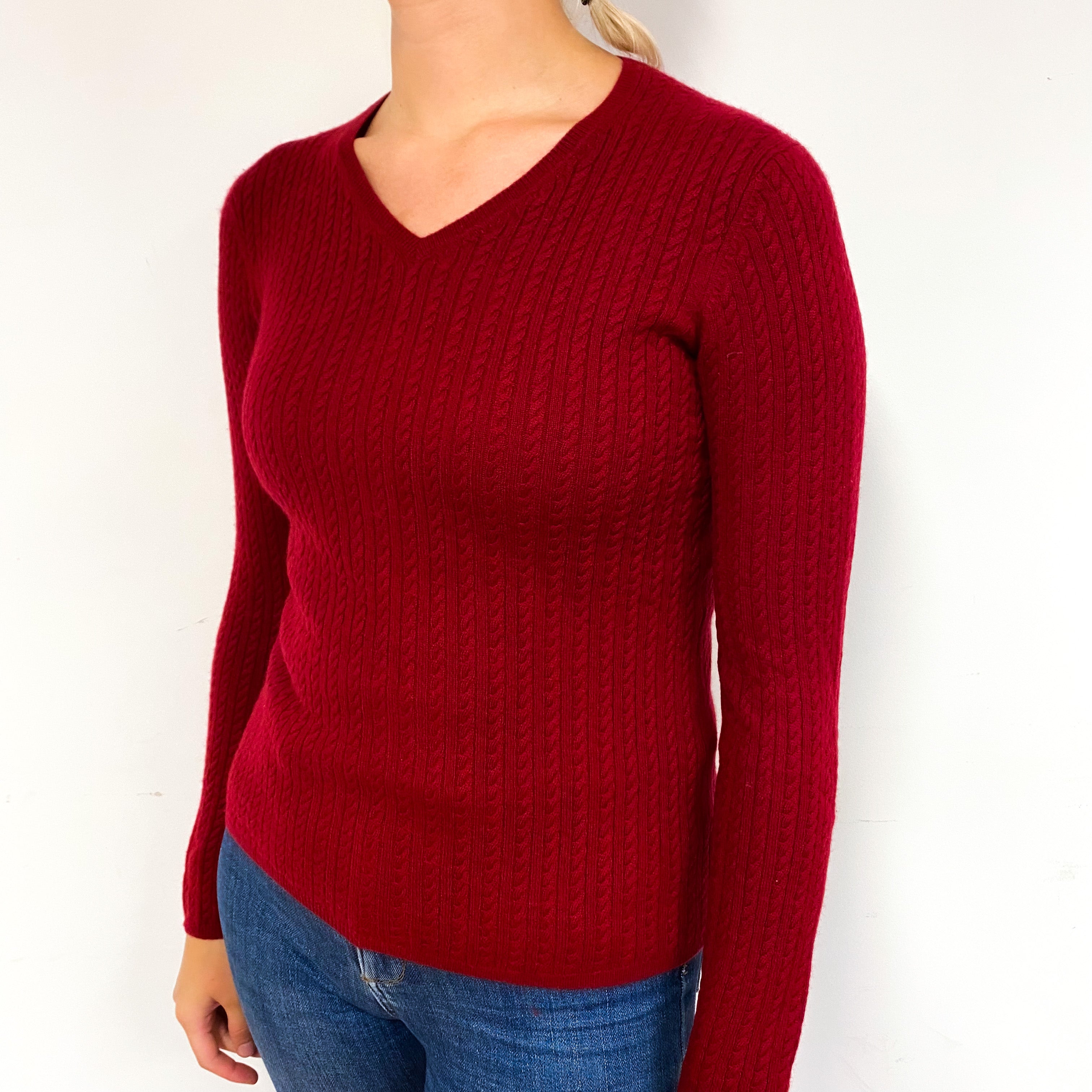 Crimson Red Cable Cashmere V-Neck Jumper Small