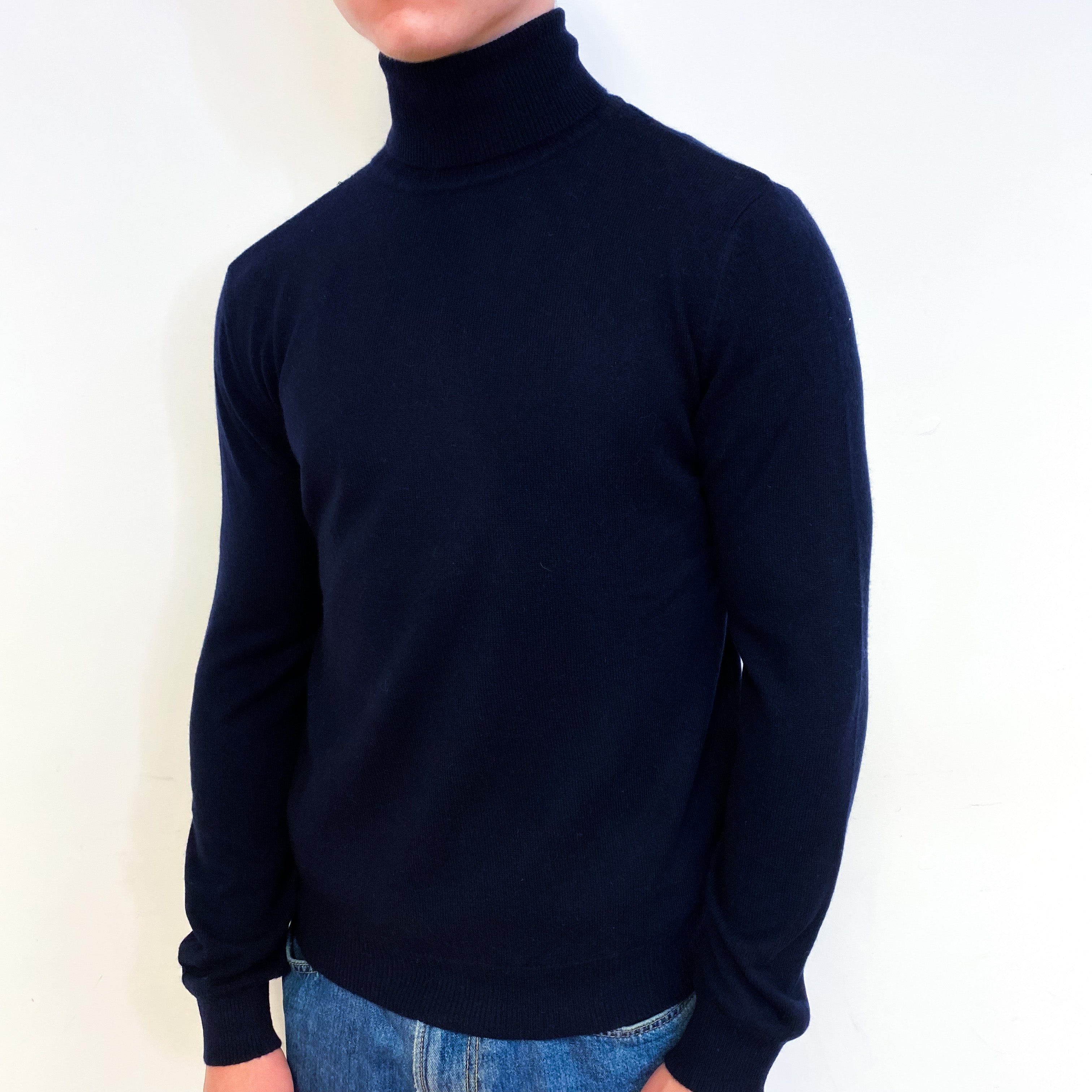 Men's Darkest Navy Blue Cashmere Polo Neck Jumper Small