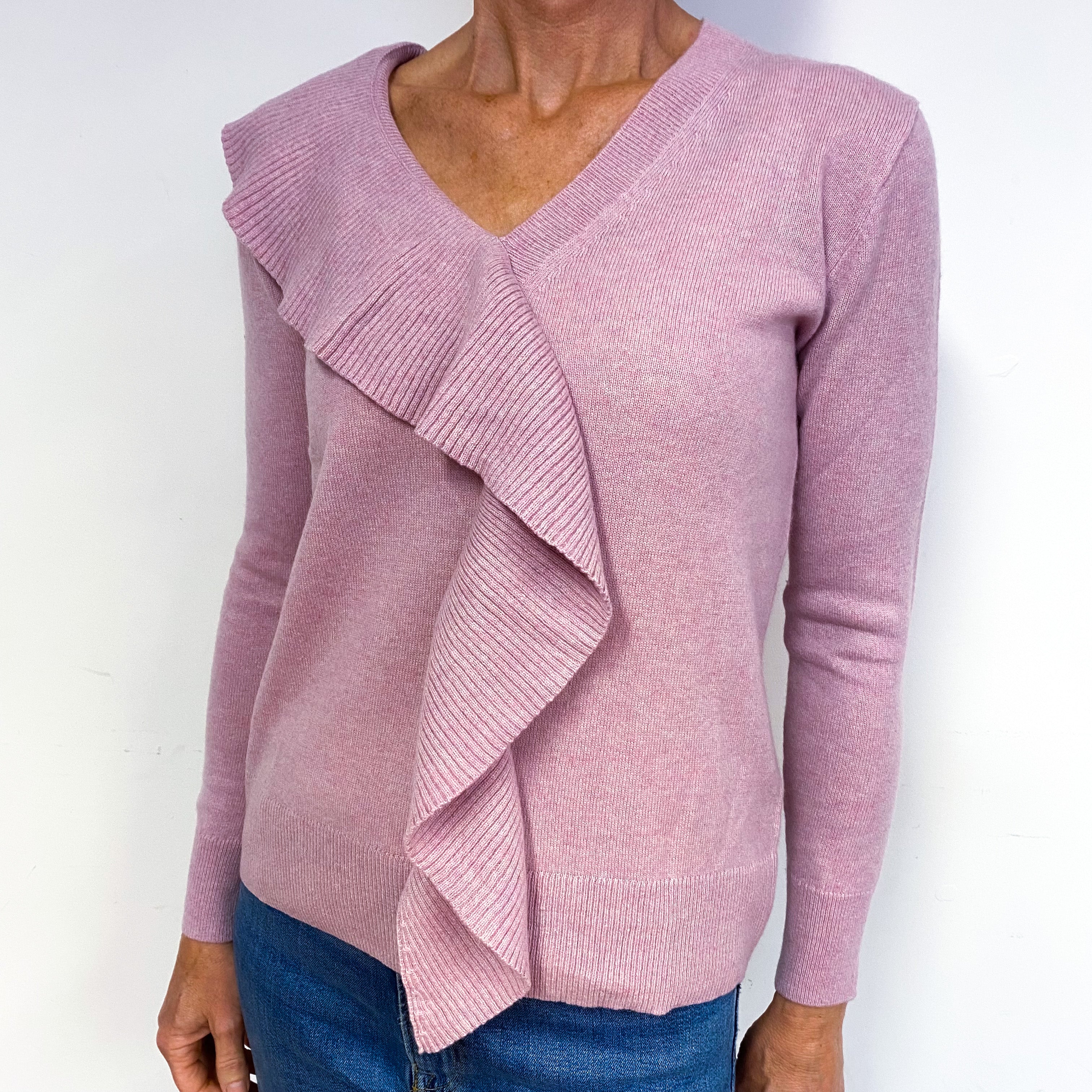 Mauve Pink Ruffle Cashmere V-Neck Jumper Medium