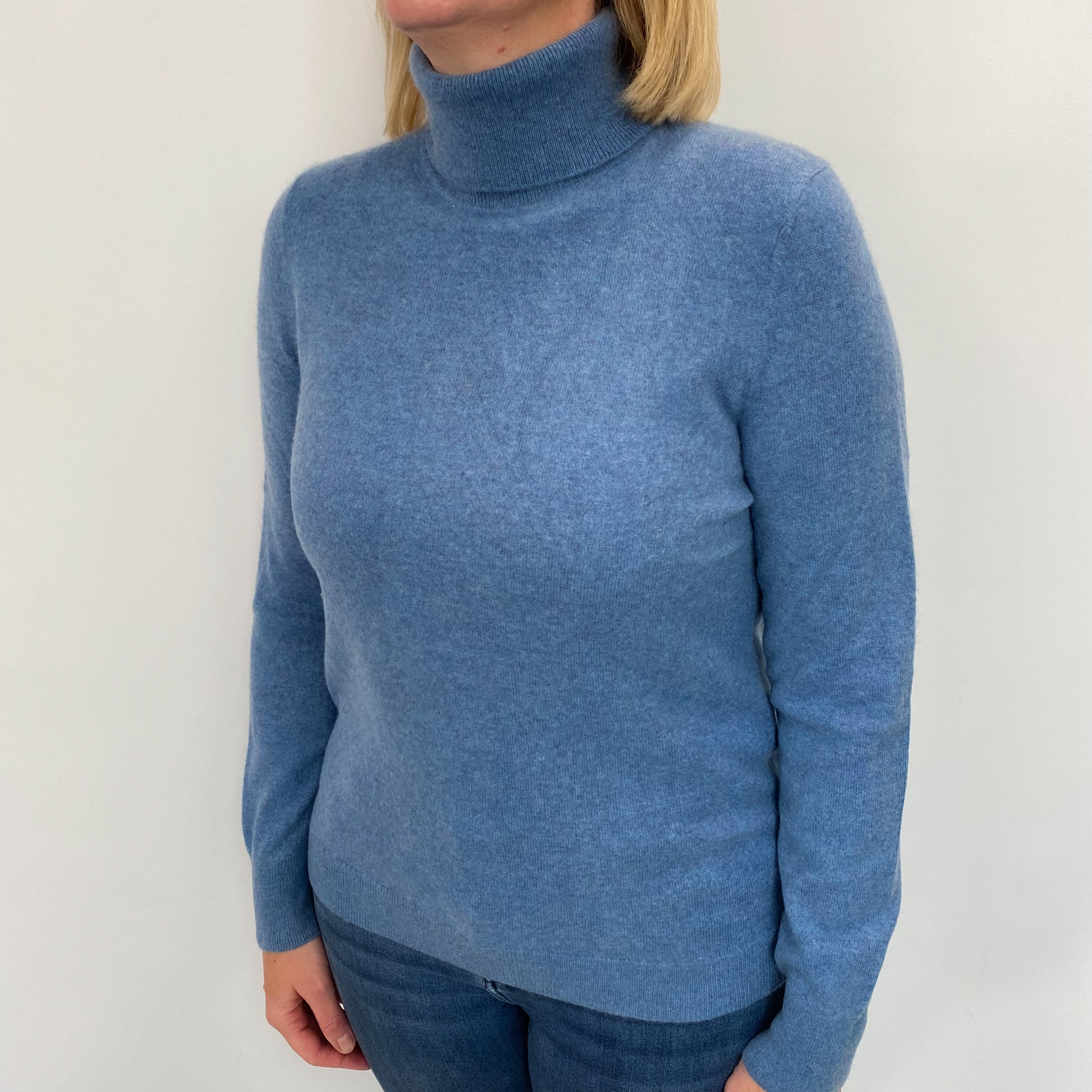 Light Denim Blue Cashmere Polo Neck Jumper Large