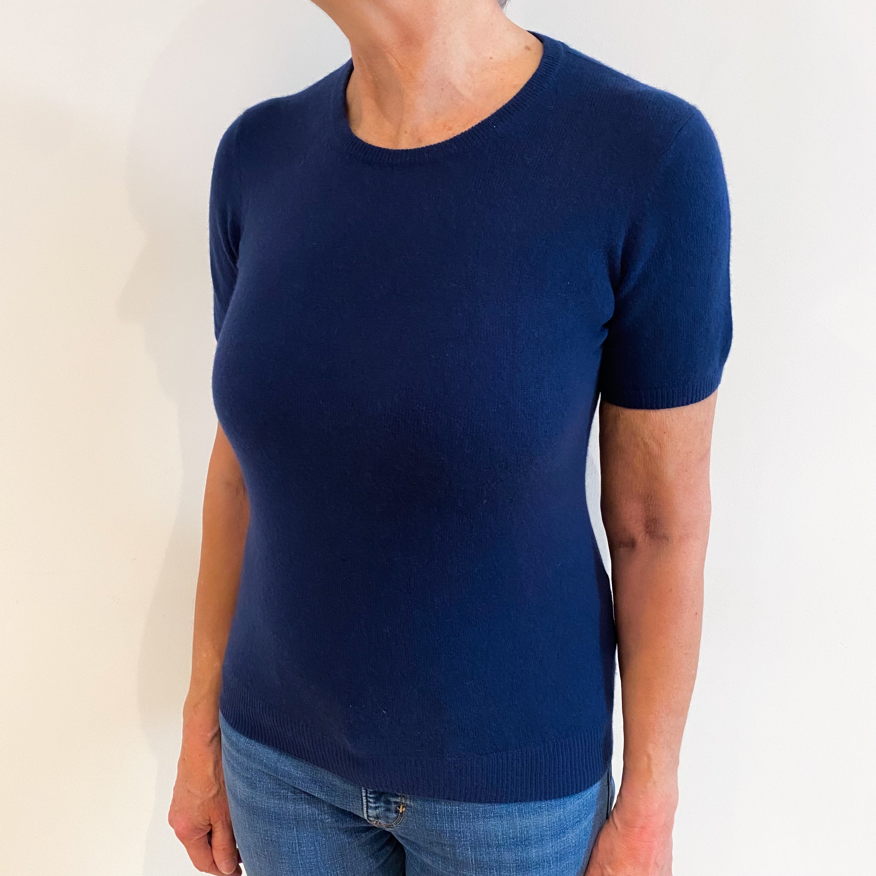 French Navy Cashmere Short Sleeved Crew Neck Jumper Medium