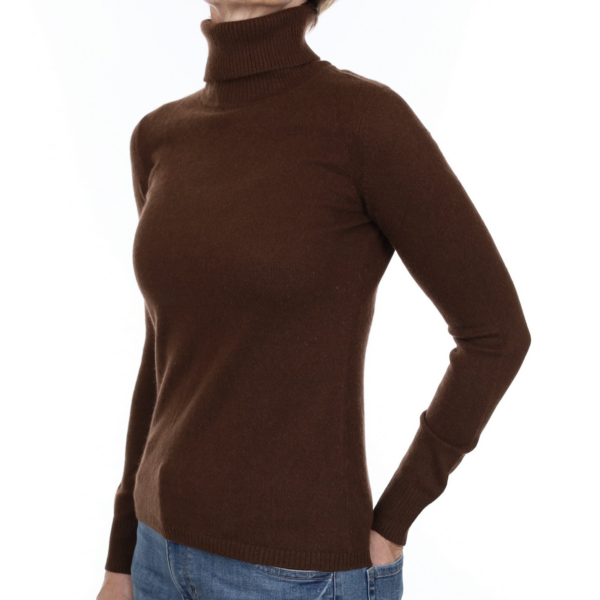 Chocolate Brown Cashmere Polo Neck Jumper Small