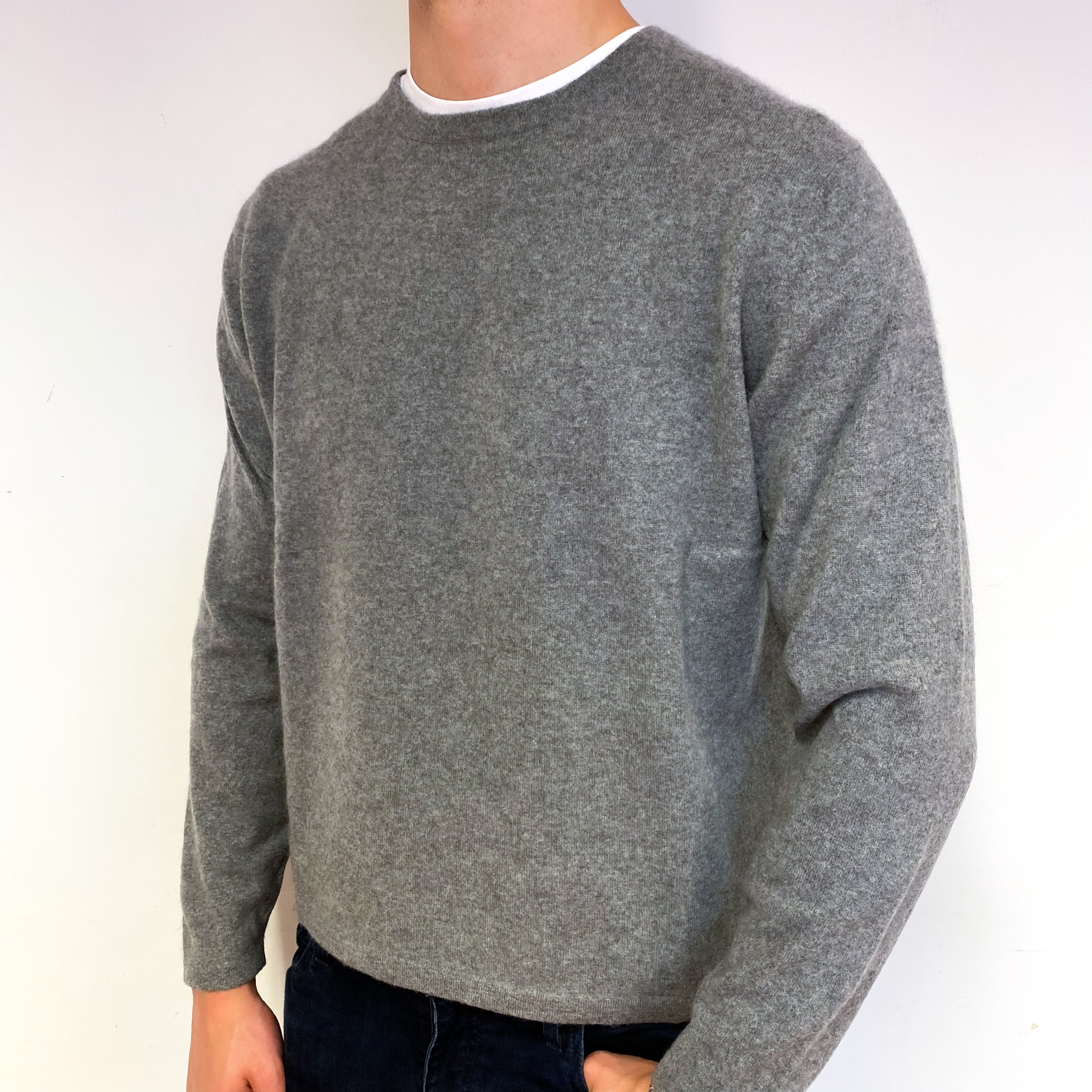 Men's Steel Grey Cashmere Crew Neck Jumper Extra Large