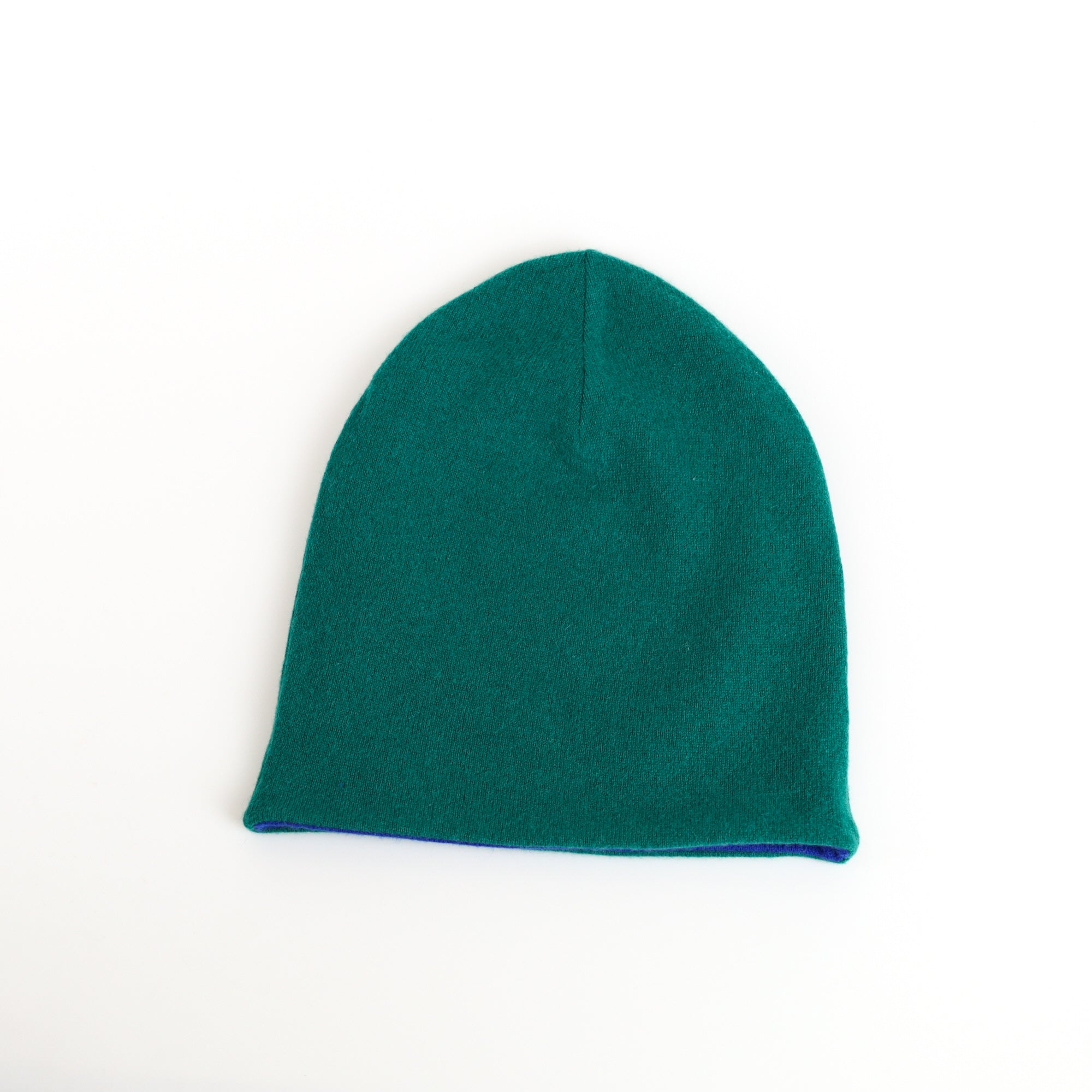 Azure Blue and Fern Green Cashmere Beanie Hat