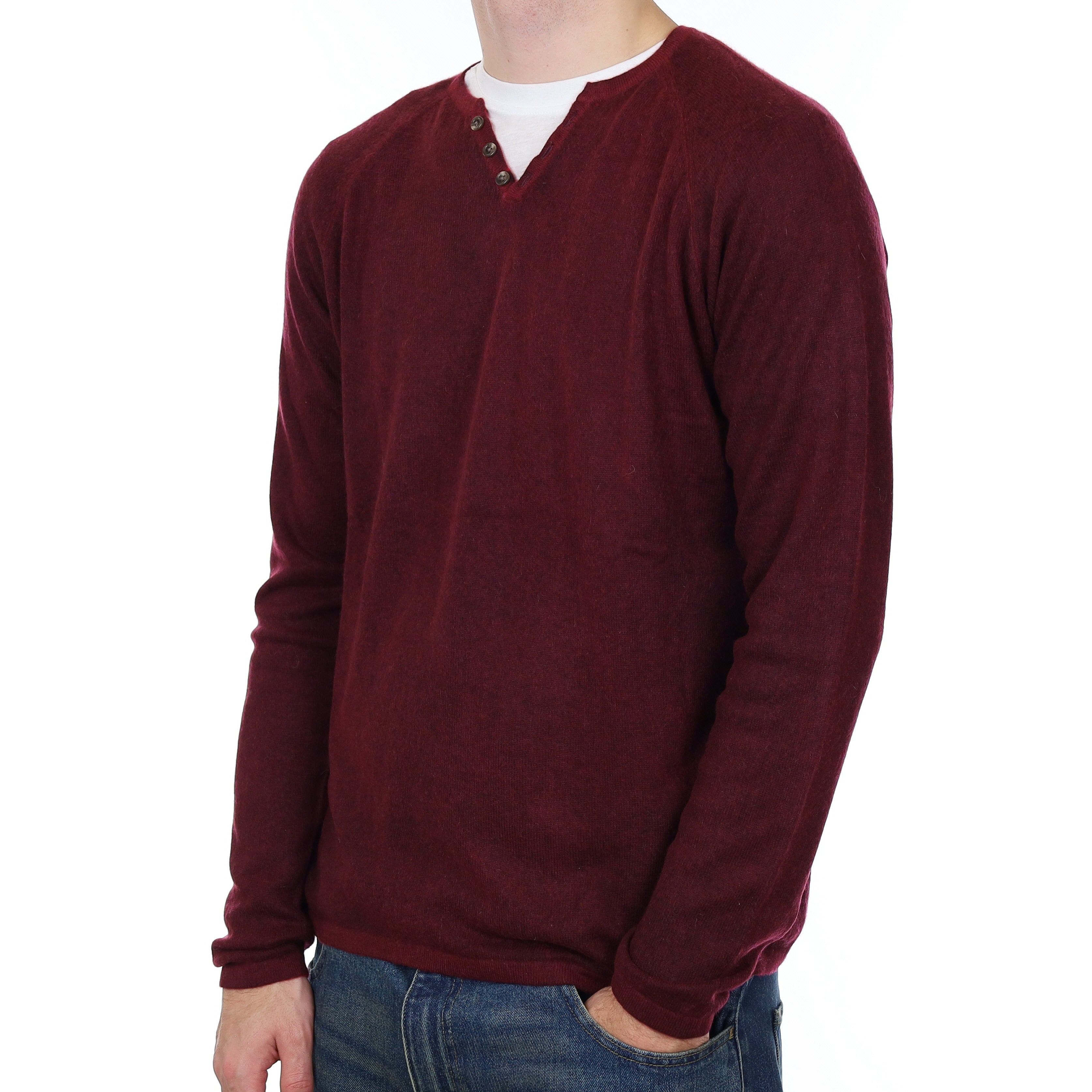 Men’s Raffi Mulberry Red Cashmere Buttoned V Neck Jumper Large