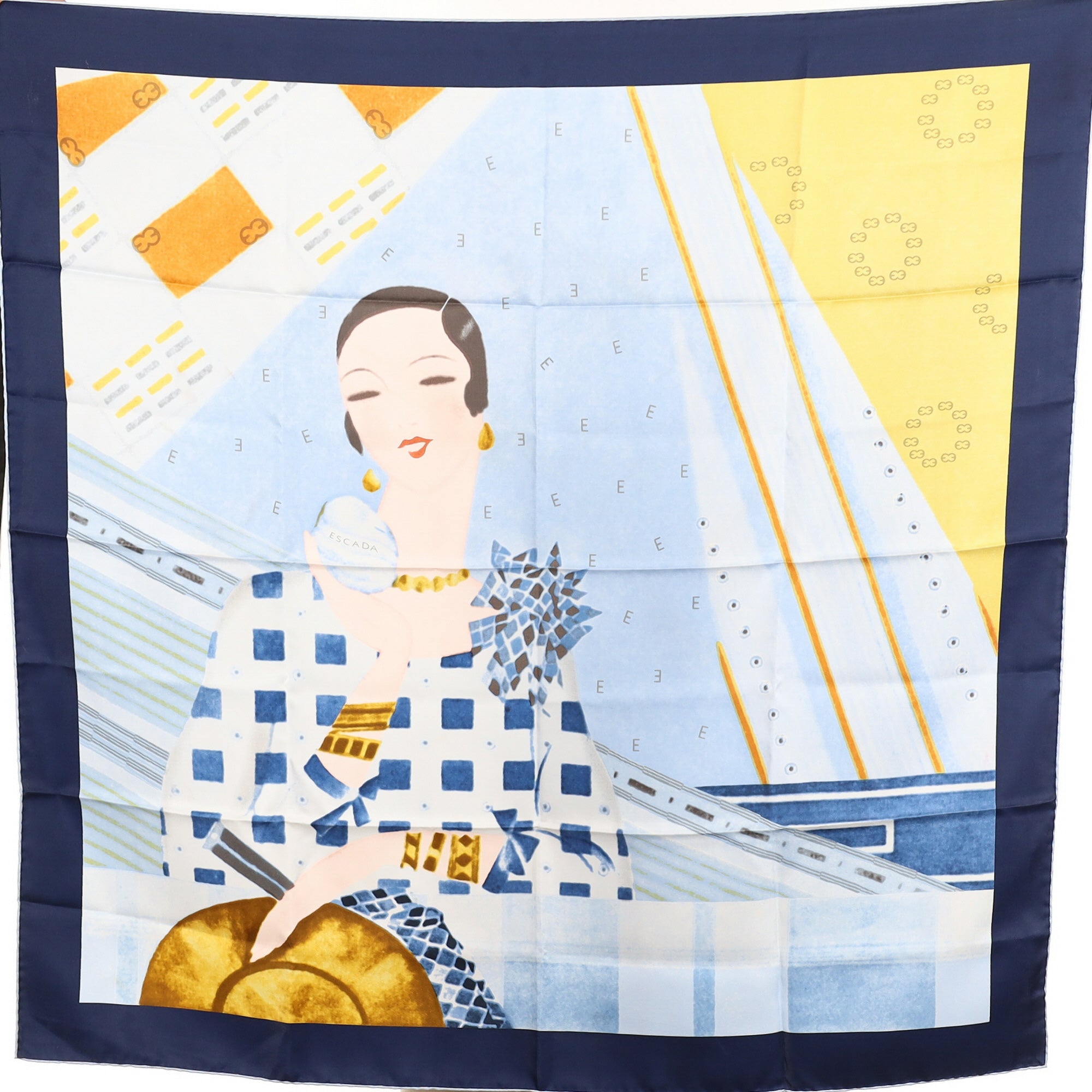 Escada Blue and Yellow Portrait Silk Scarf