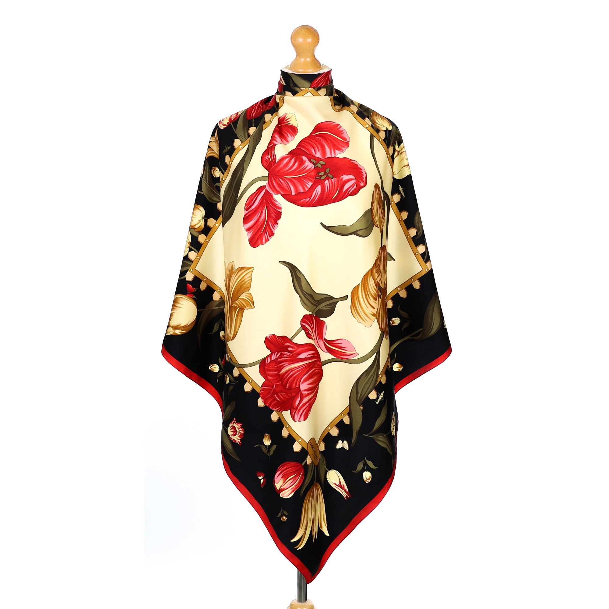 Black and Red Floral Vintage Silk Scarf