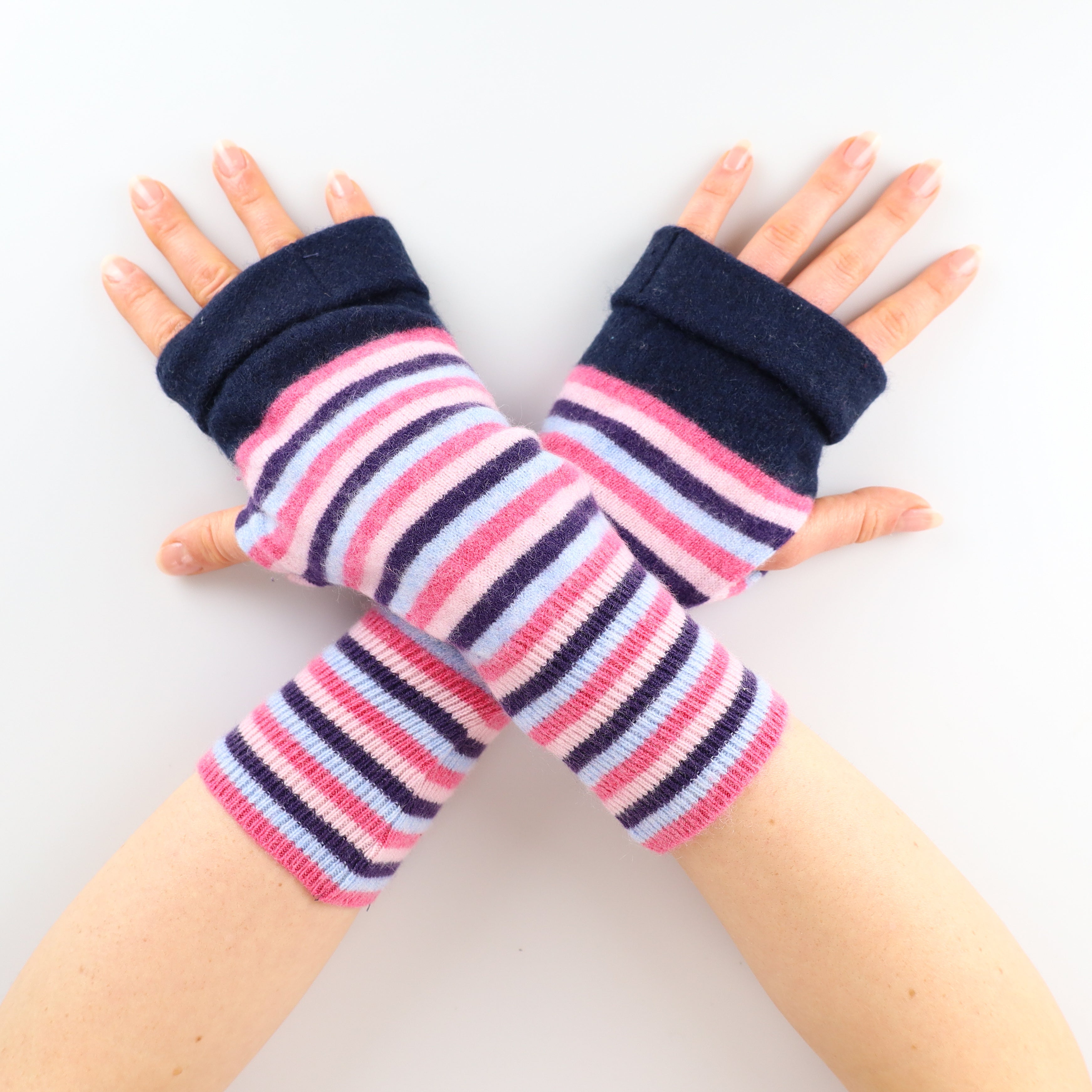 Navy Blue and Pink Striped Fingerless Gloves