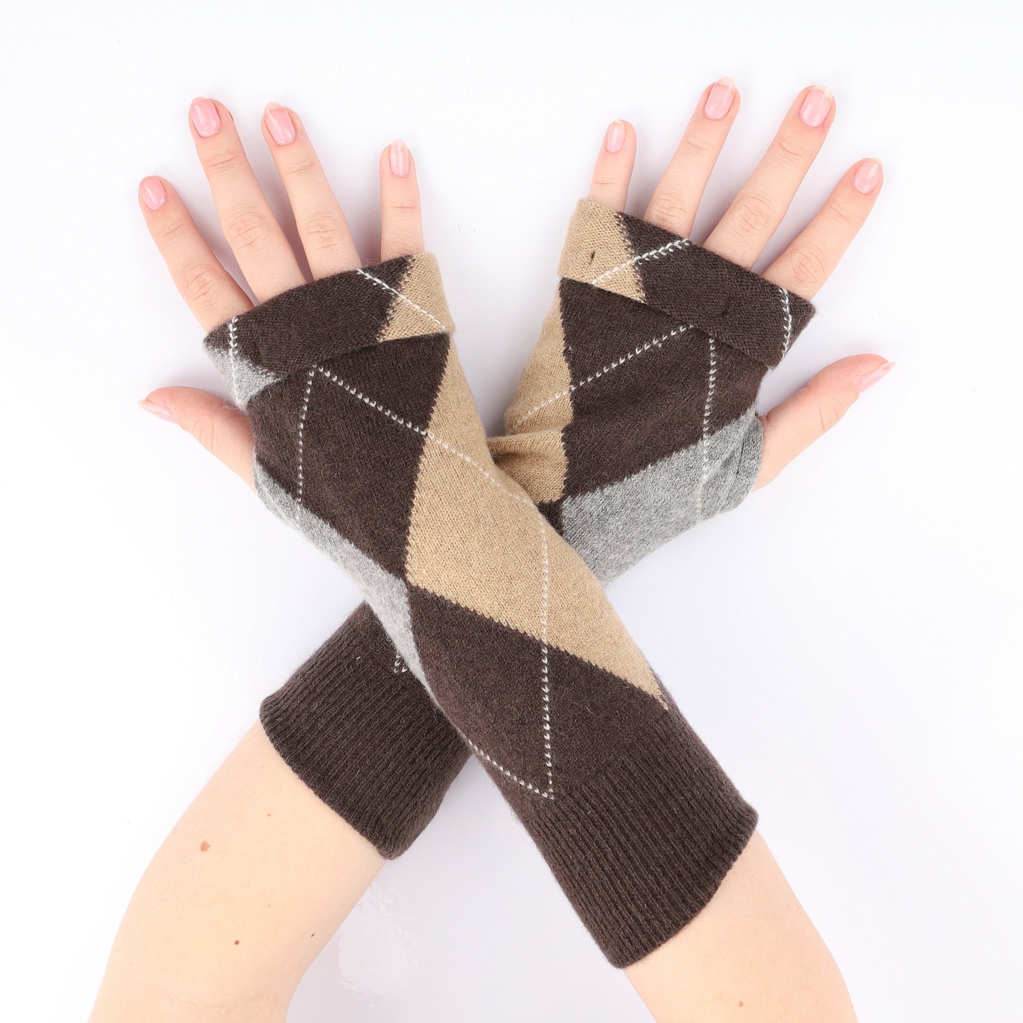 Camel and Brown Diamond Fingerless Gloves