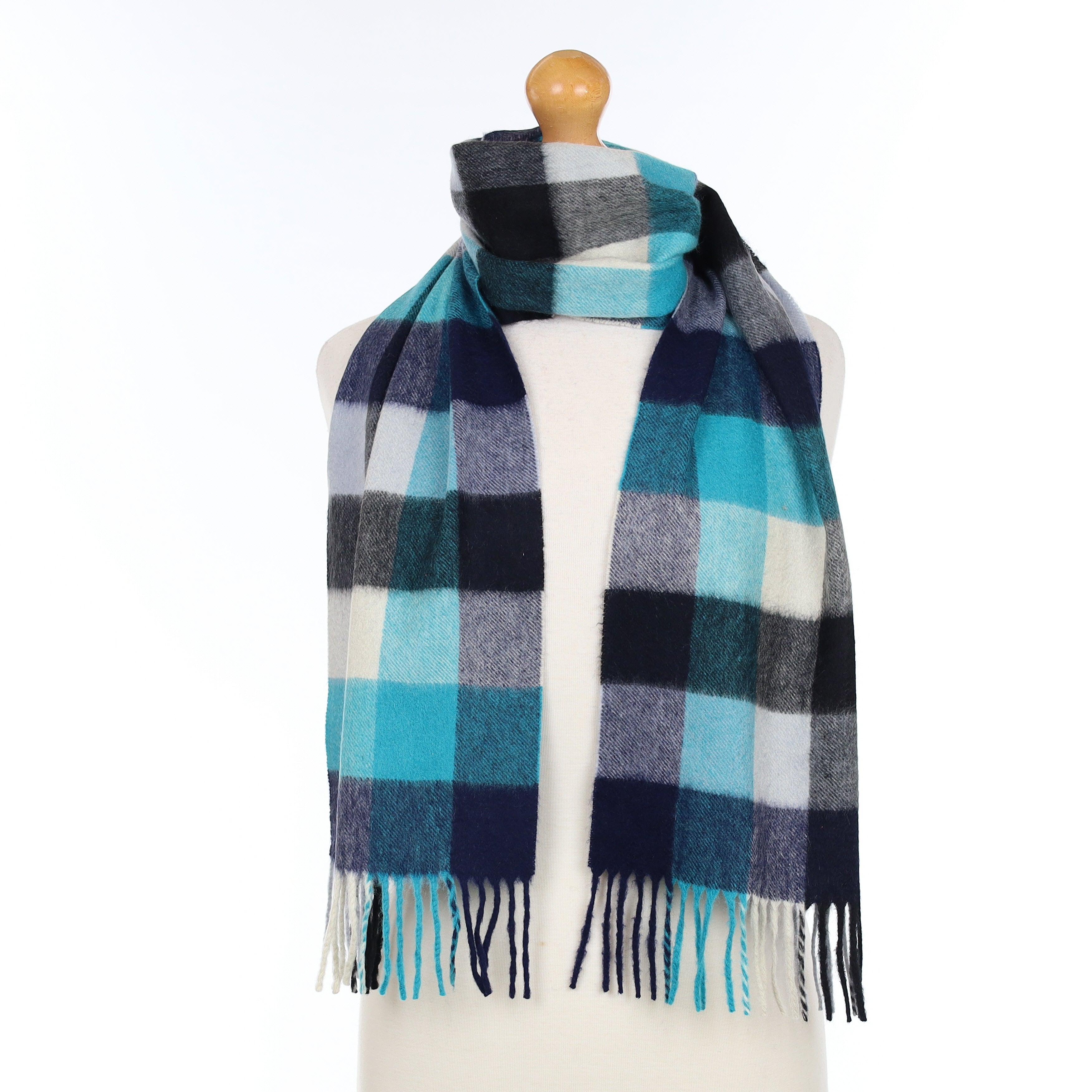 Turquoise and Navy Checked Cashmere Woven Scarf
