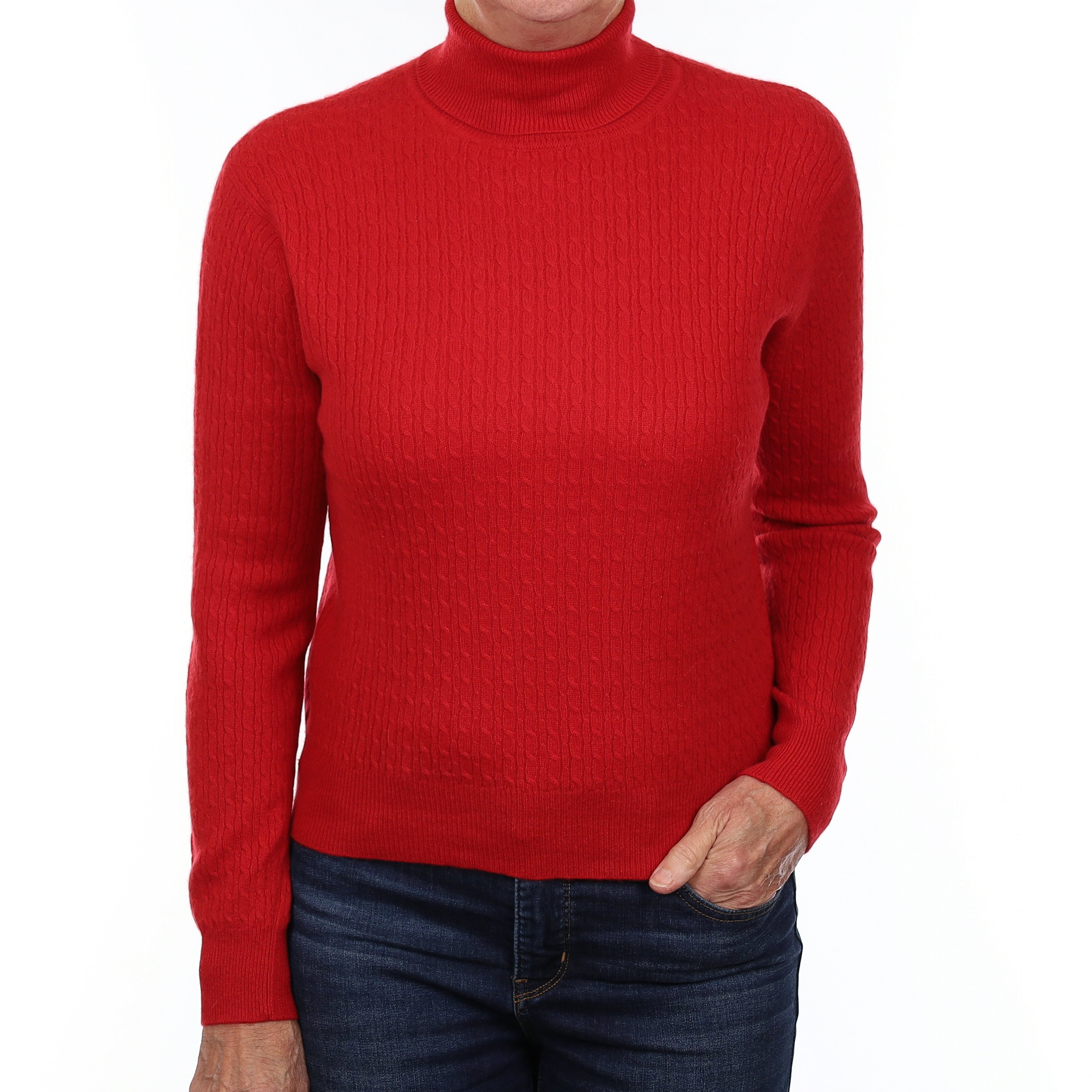 Scarlet Red Cable Cashmere Polo Neck Jumper Medium