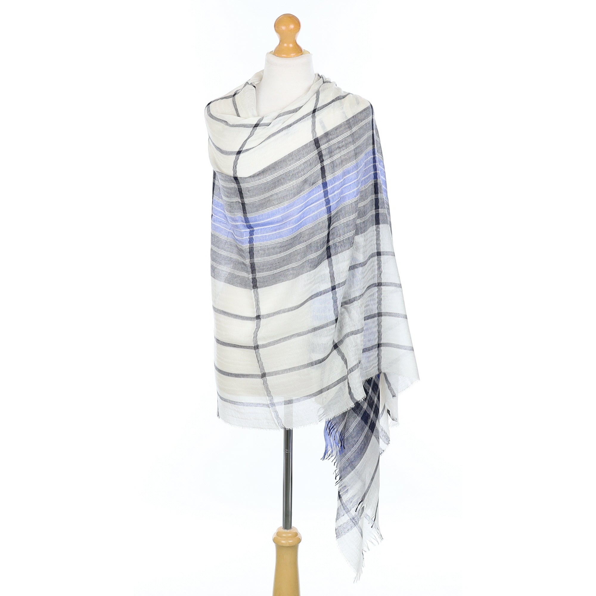 Scottish Begg & Co Grey and Ivory Checked Fine Woven Cashmere & Silk Wrap