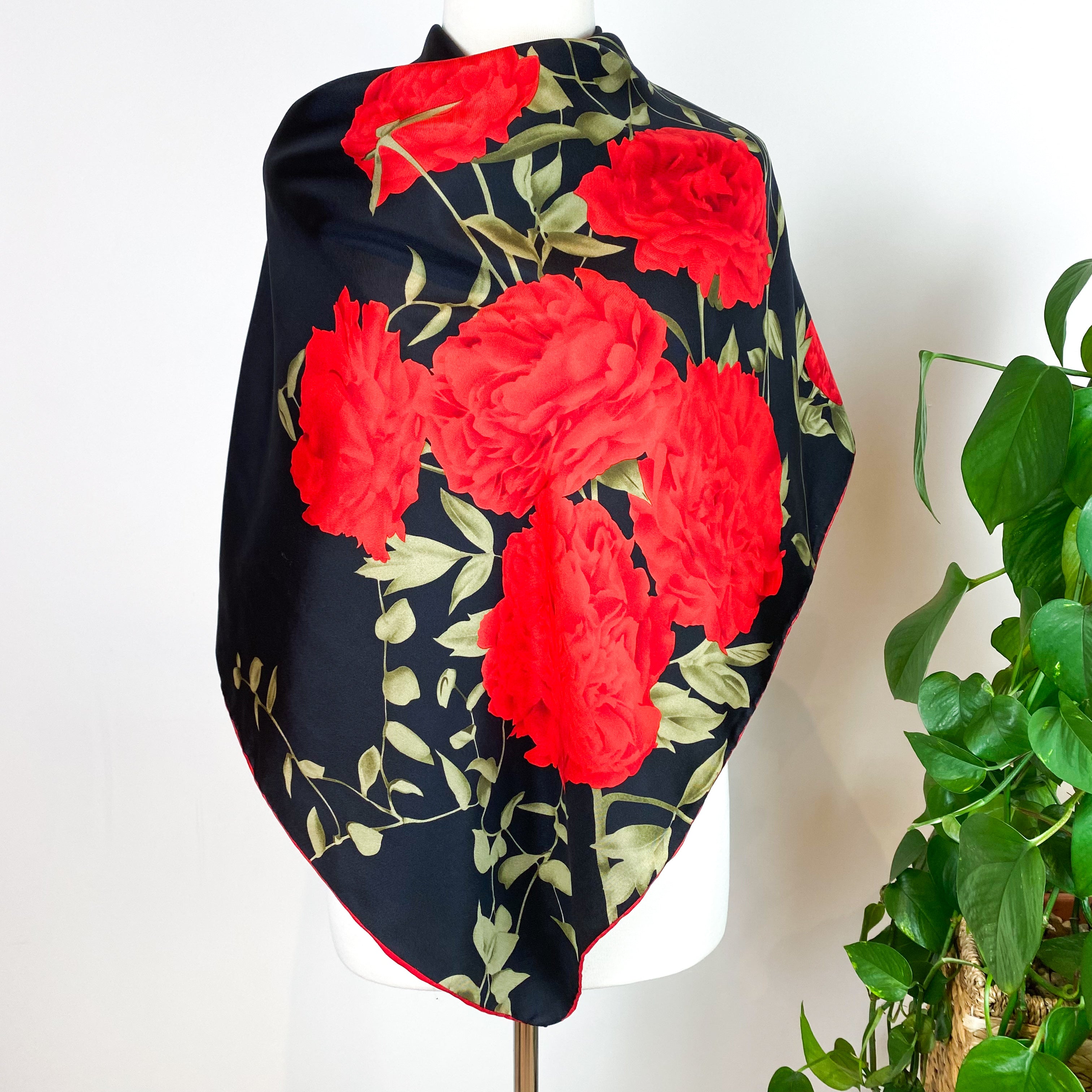 Red Roses on Black Silk Twill Scarf
