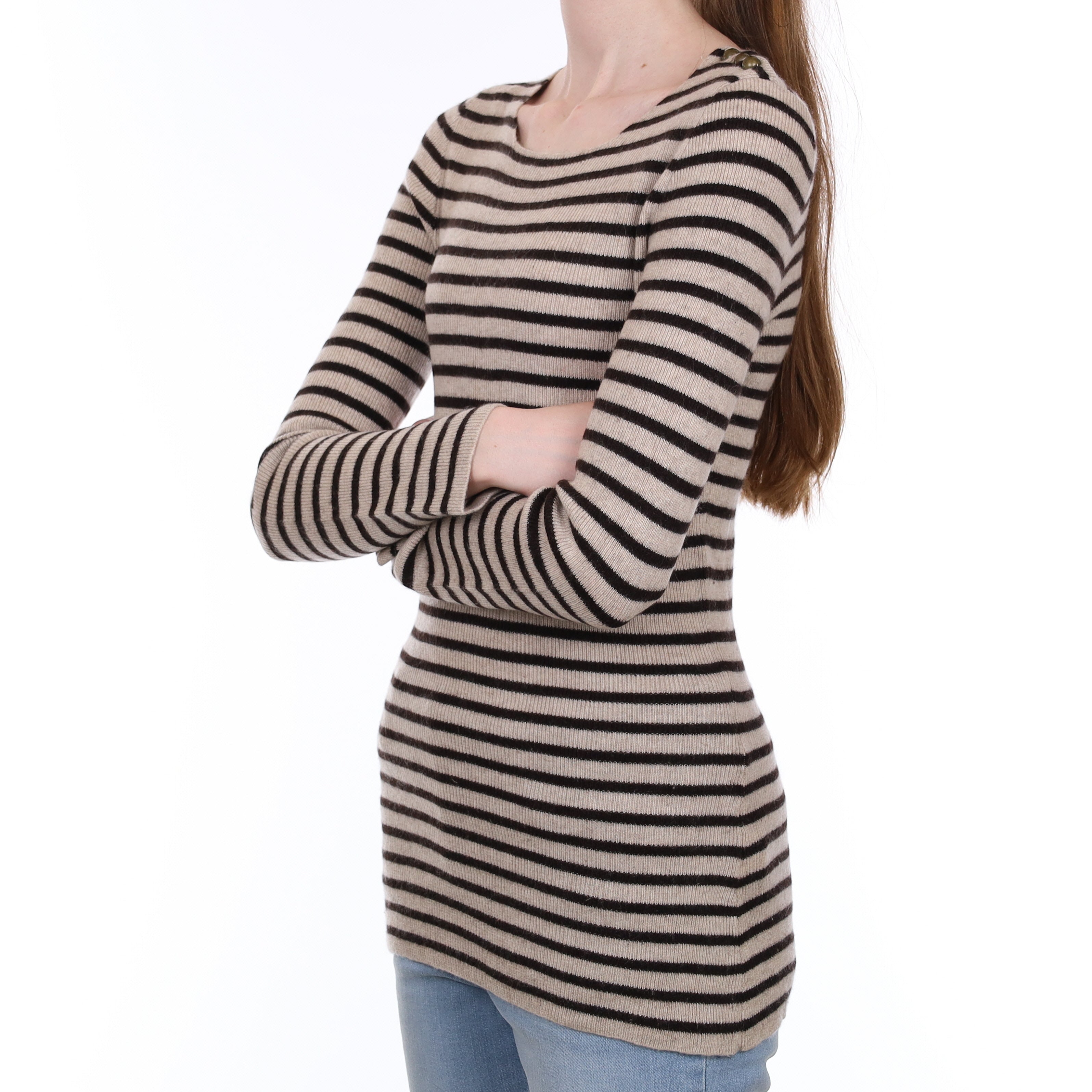 Beige and Black Striped Cashmere Crew Neck Jumper Extra Small