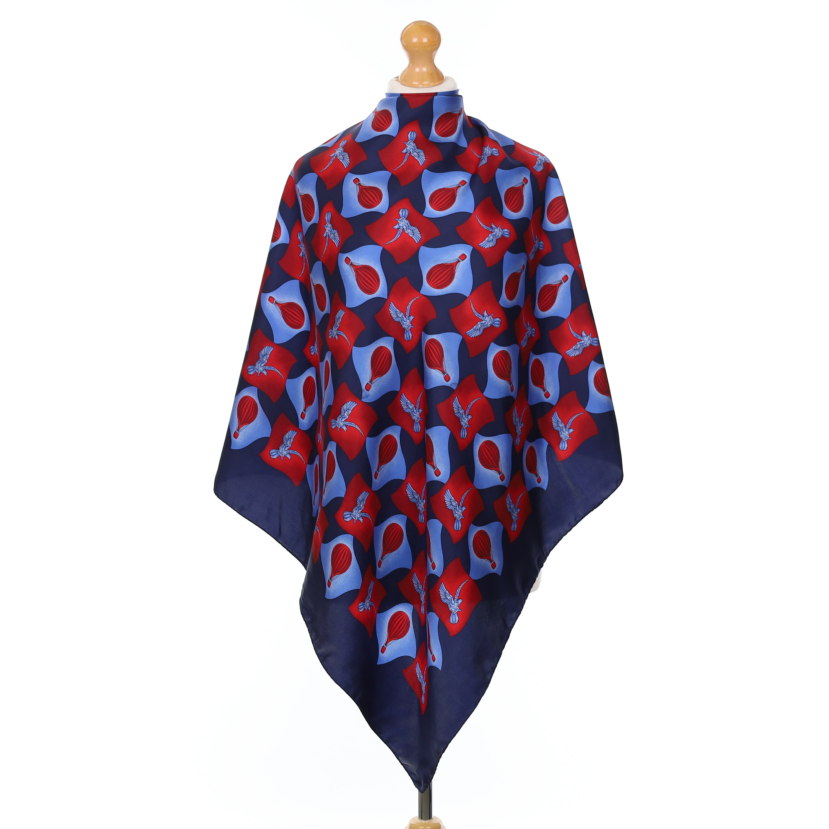 Navy Hot Air Balloon Motif Vintage Silk Scarf