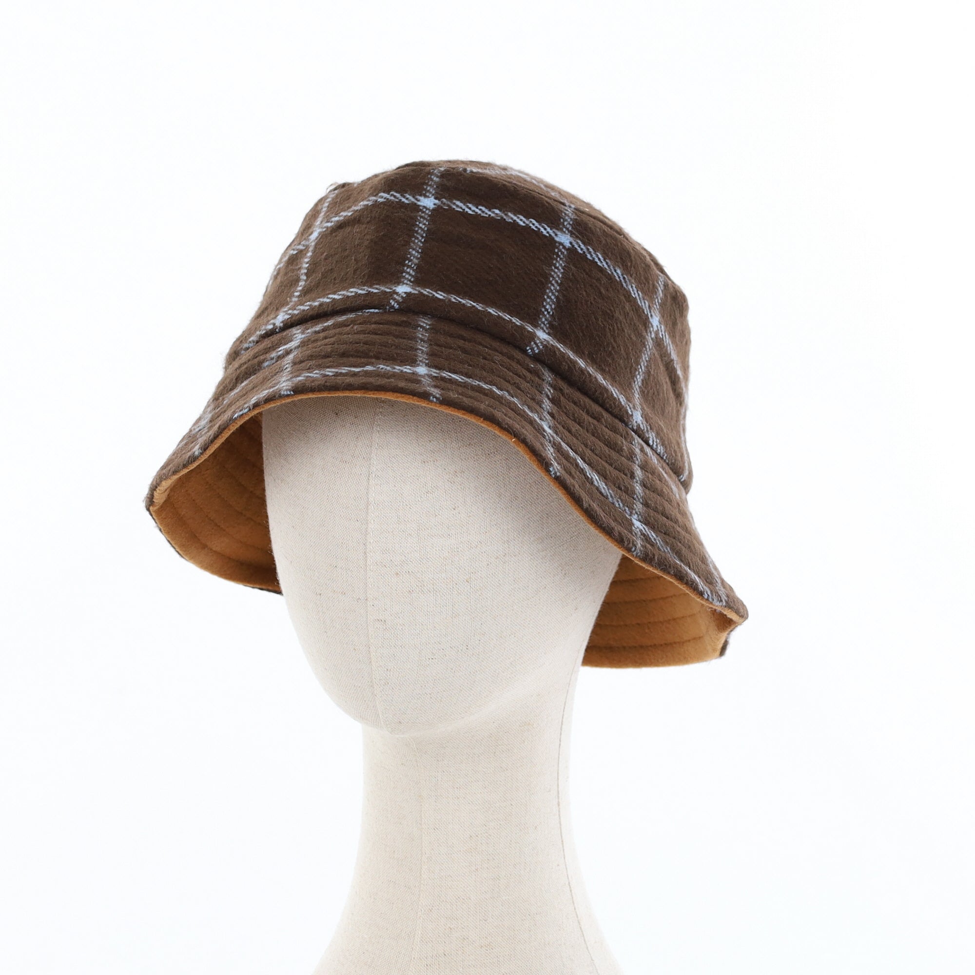 Unisex Chocolate & Blue Check Reversible Cashmere Bucket Hat Men’s - M Women’s - L