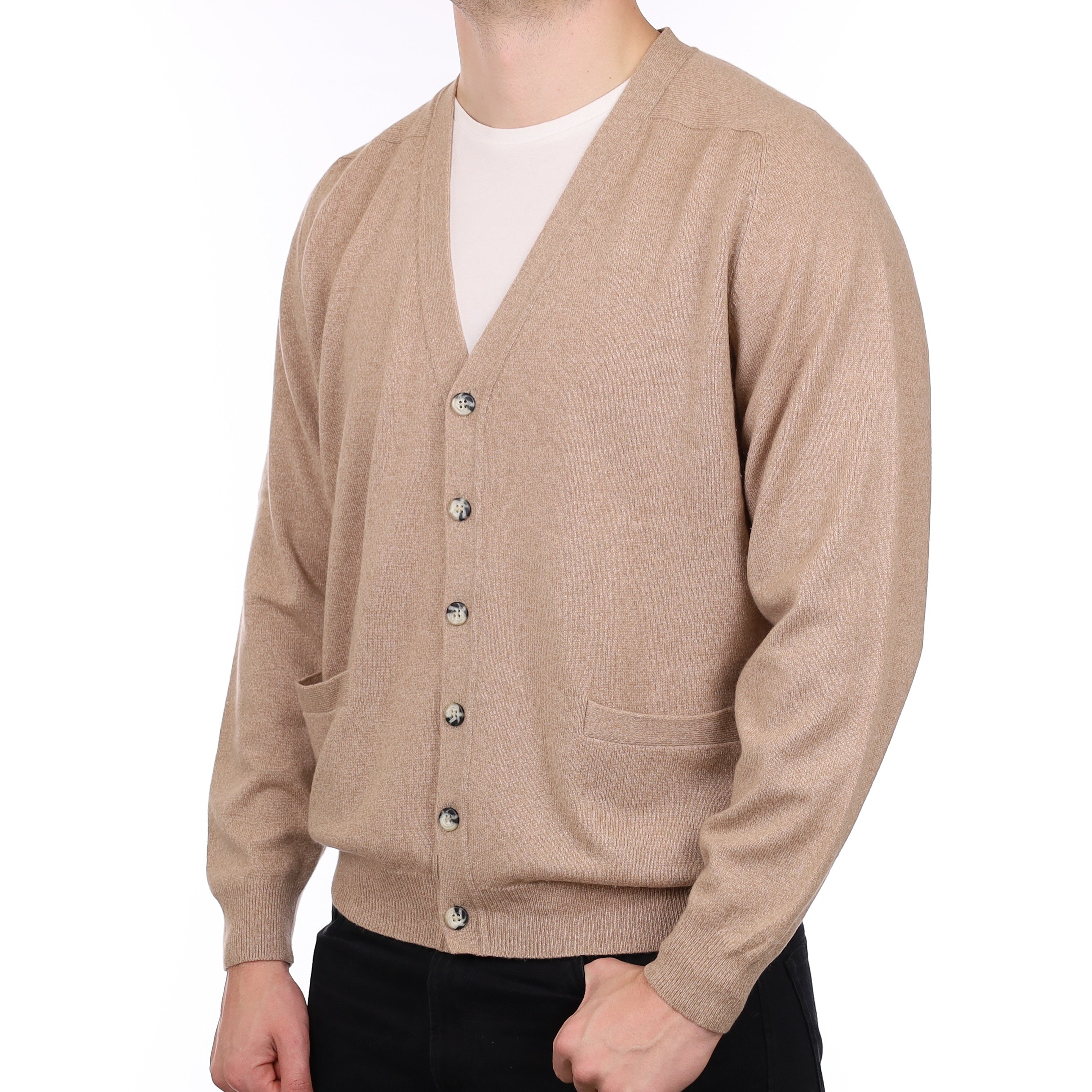 Men’s Fawn Marl Cashmere V Neck Cardigan with Pockets XL
