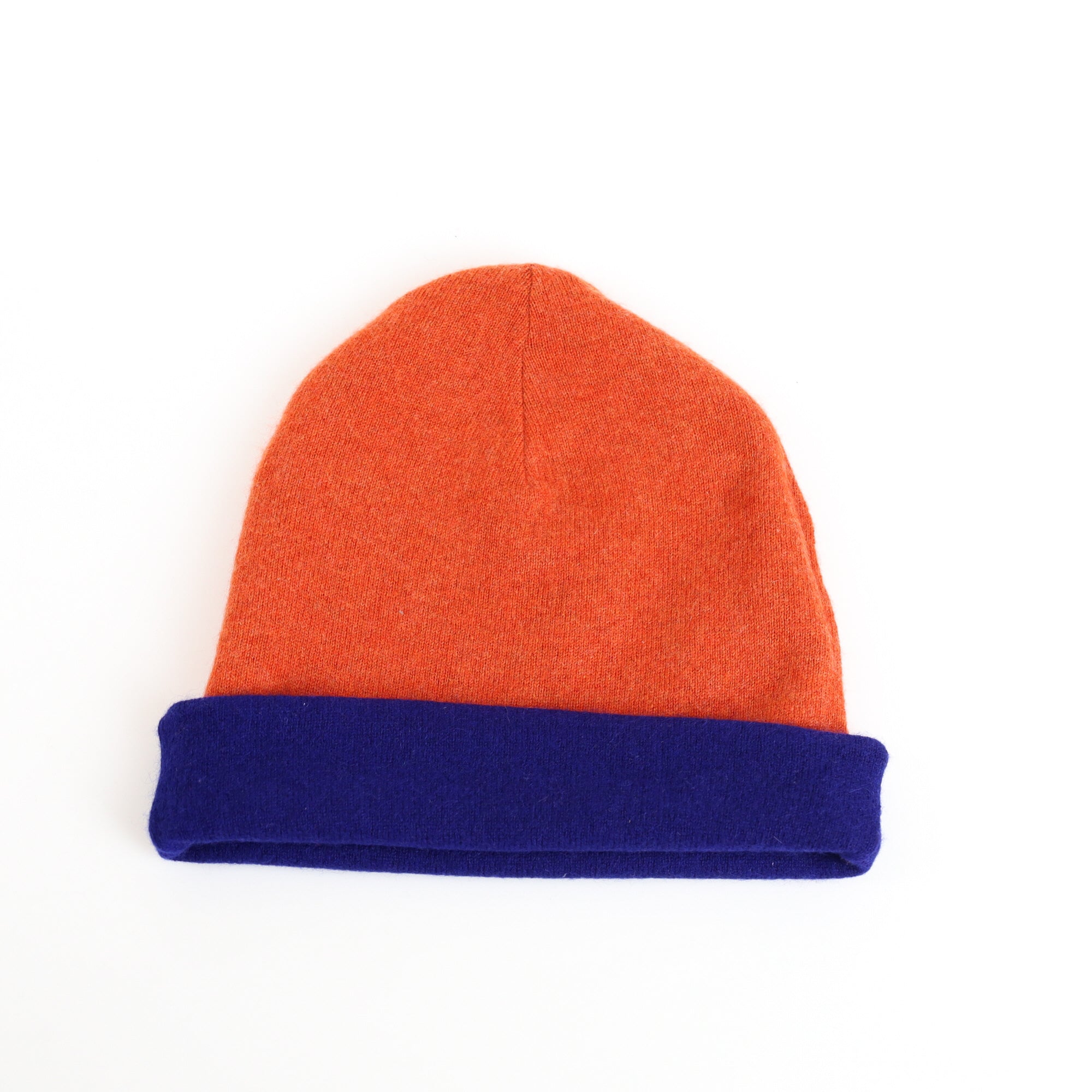 Cobalt Blue and Orange Reversible Cashmere Beanie Hat