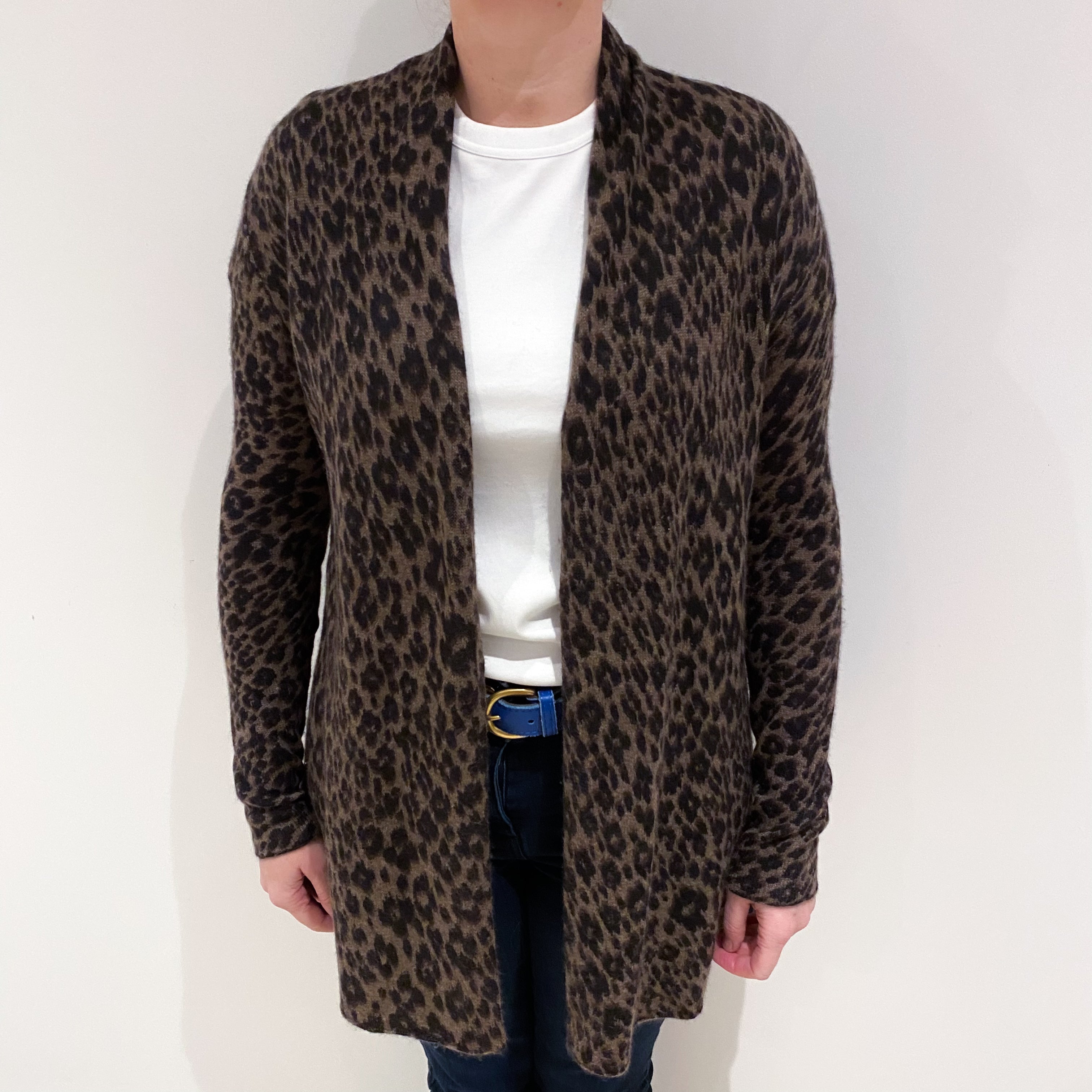 Brown Leopard Print Cashmere Edge to Edge Cardigan Large