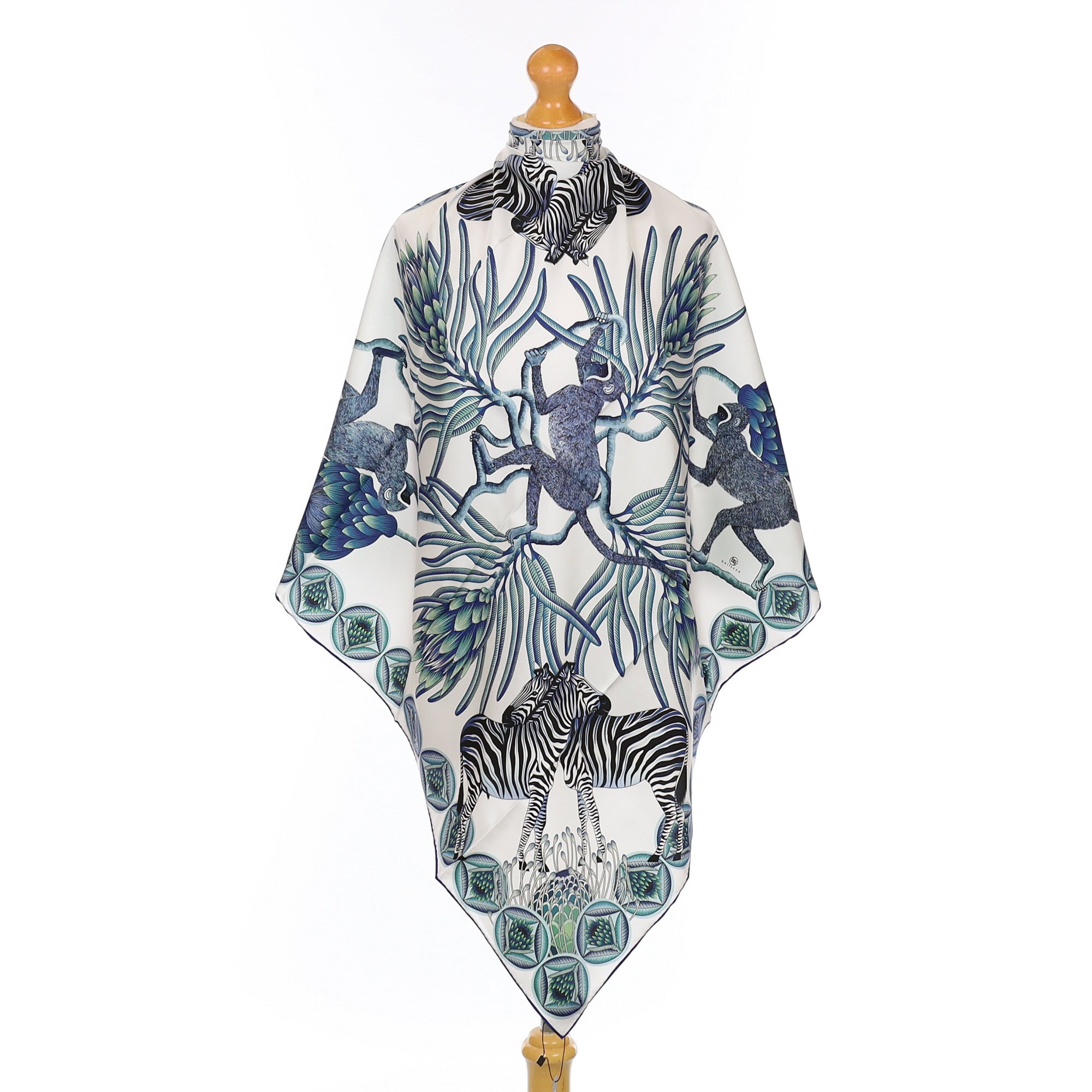 Brand New Bellezza Blue & Green Zebra Safari Double Faced Silk Scarf