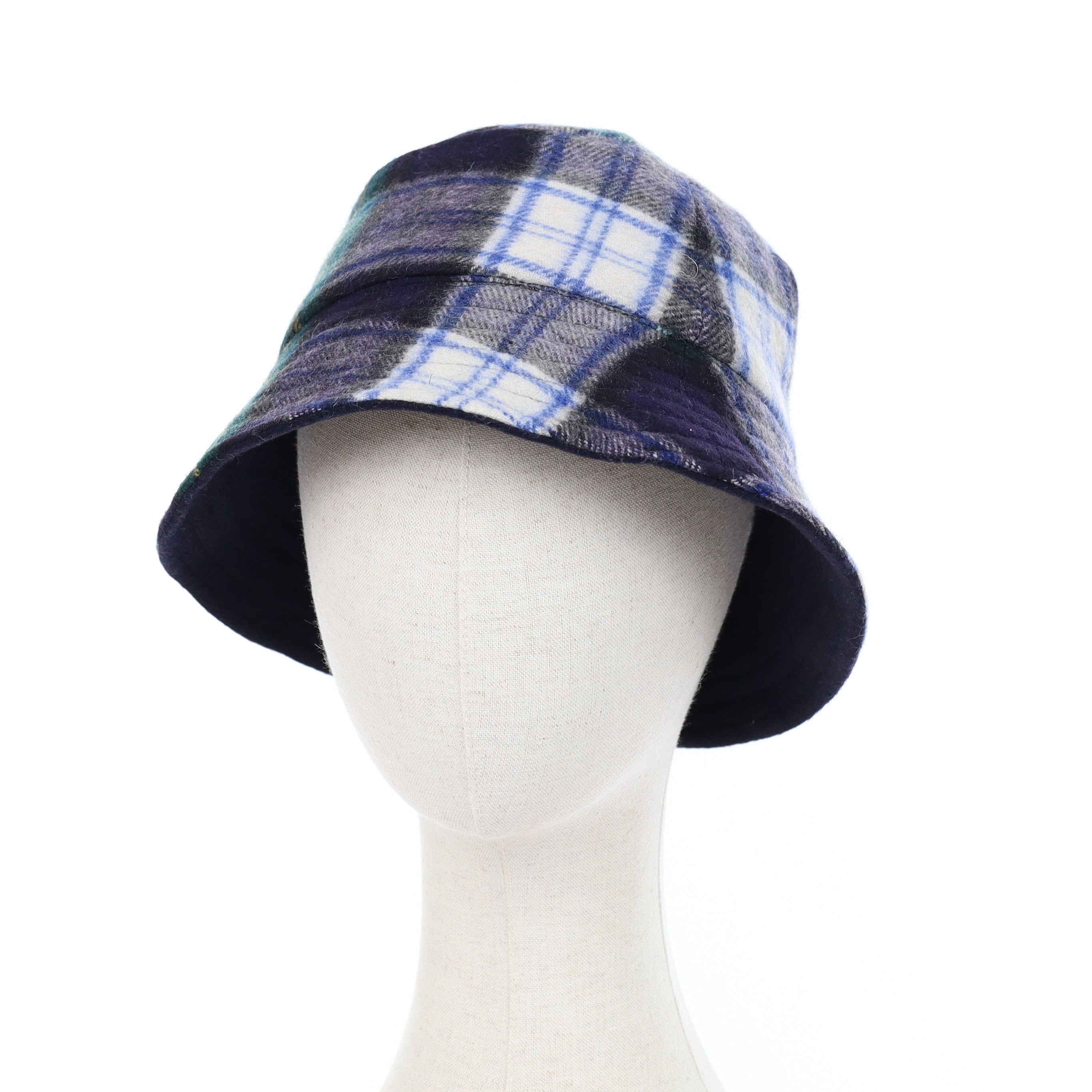 Blue Green and Grey Plaid Reversible Cashmere Bucket Hat Medium