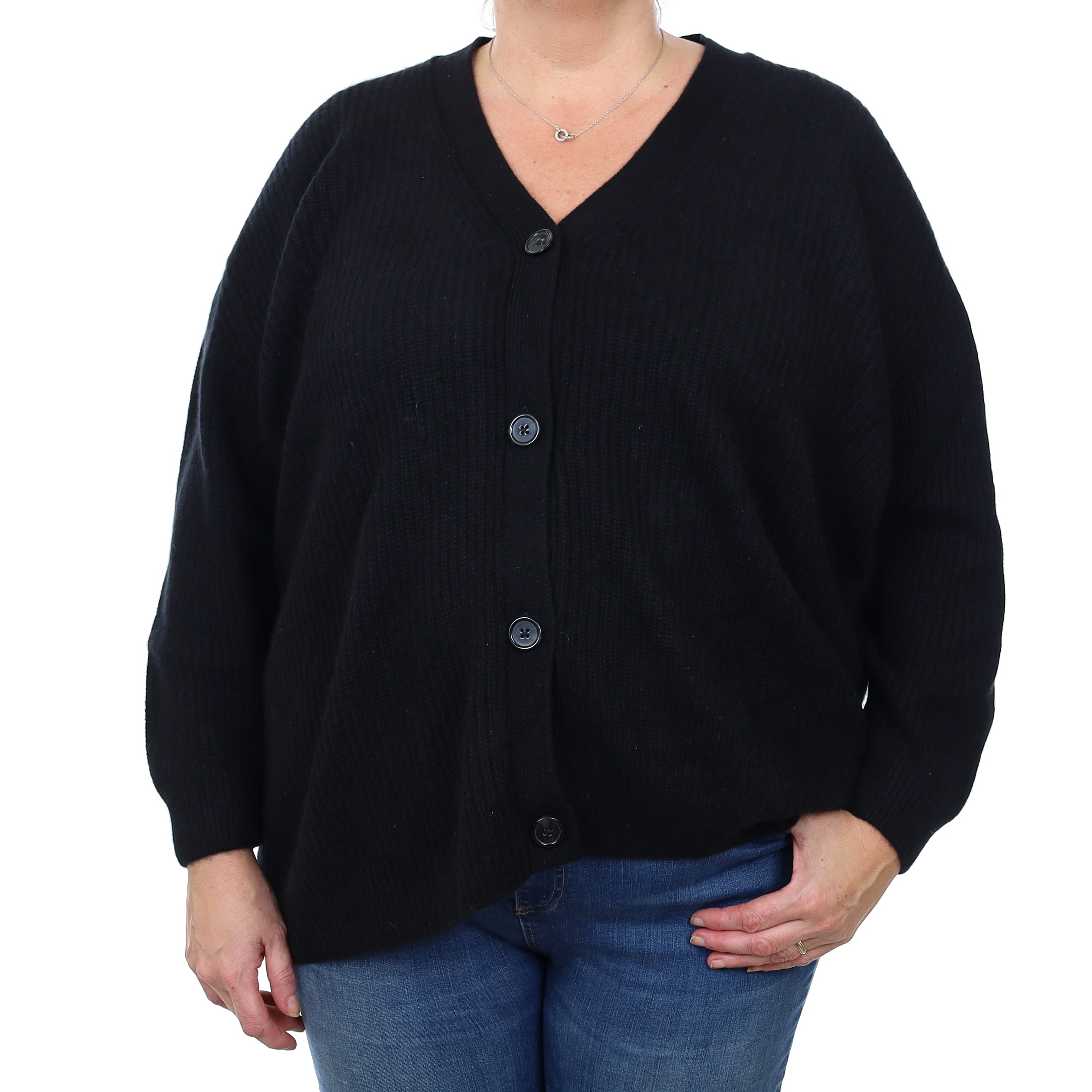 Black Chunky Ribbed Cashmere V Neck Cardigan XL