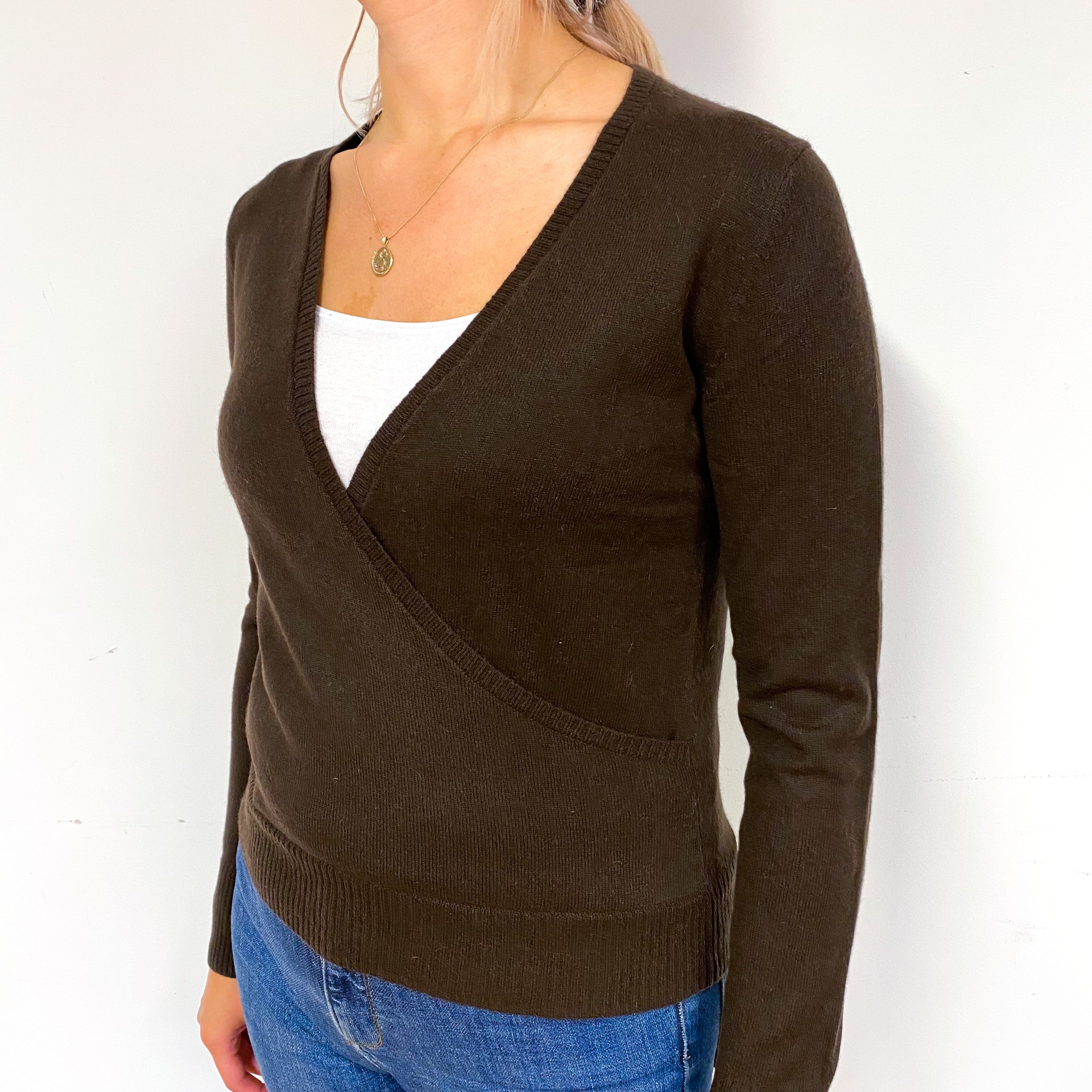 Peppercorn Brown Cashmere Cross Over V-Neck Jumper Small