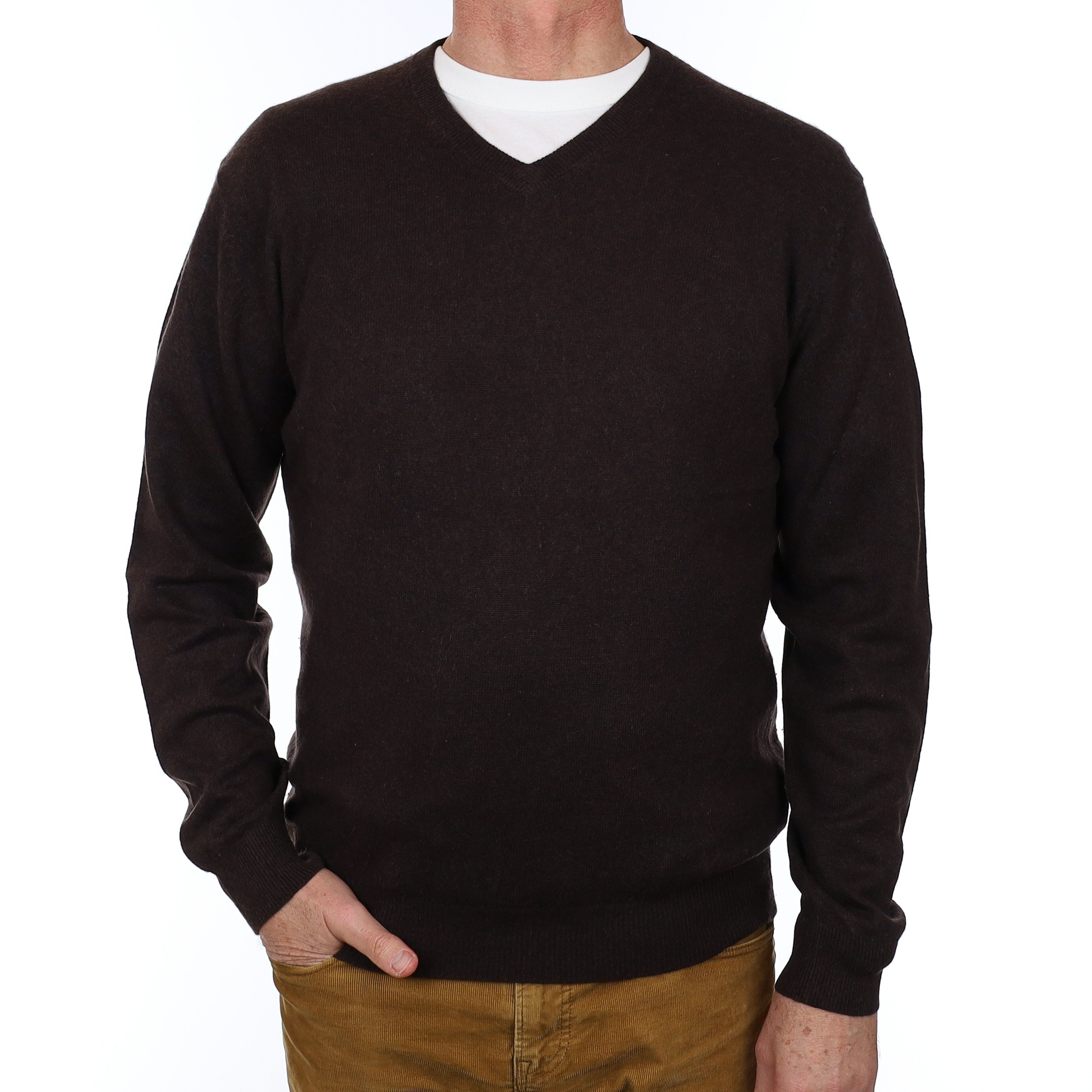 Men’s Bitter Chocolate Cashmere V Neck Jumper Extra Large