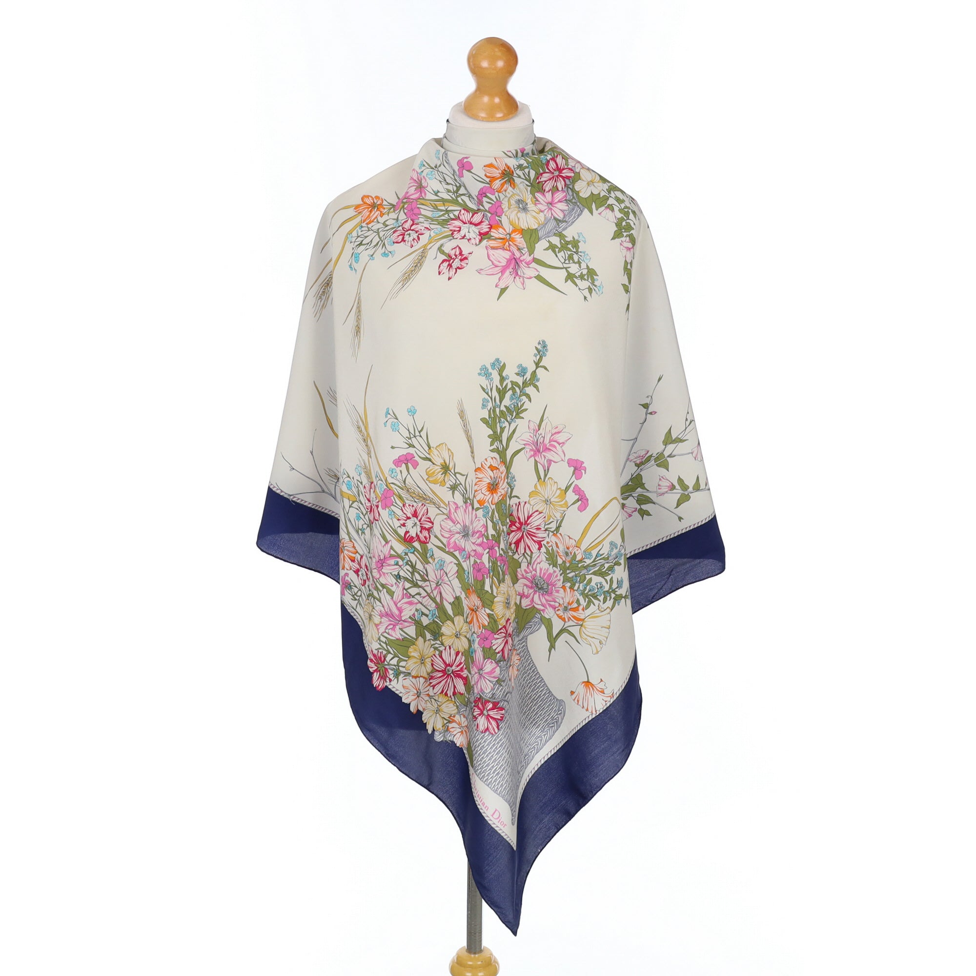 Christian Dior Floral and Navy Vintage Silk Scarf
