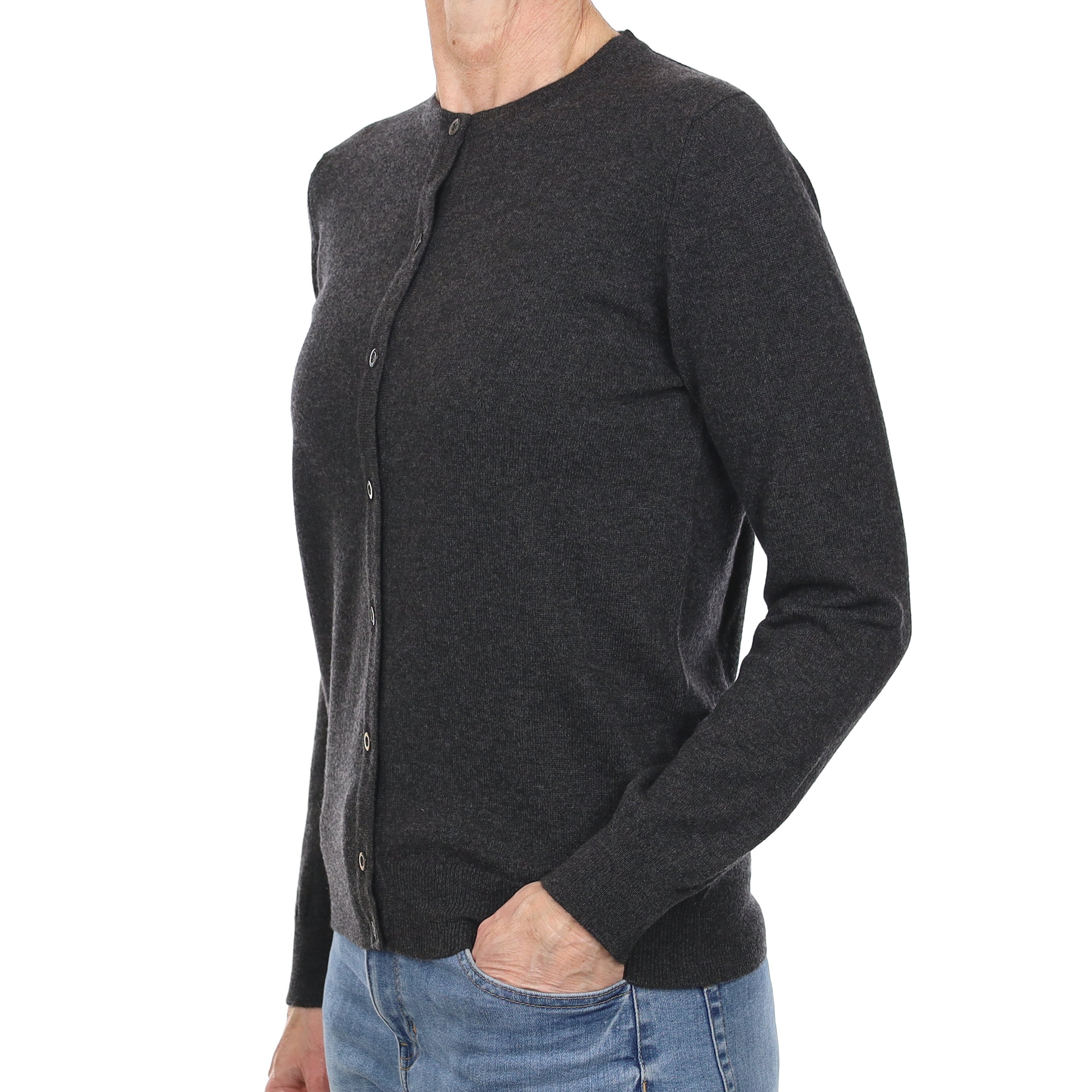 Brand New Scottish Charcoal Grey Cashmere Crew Neck Cardigan Small