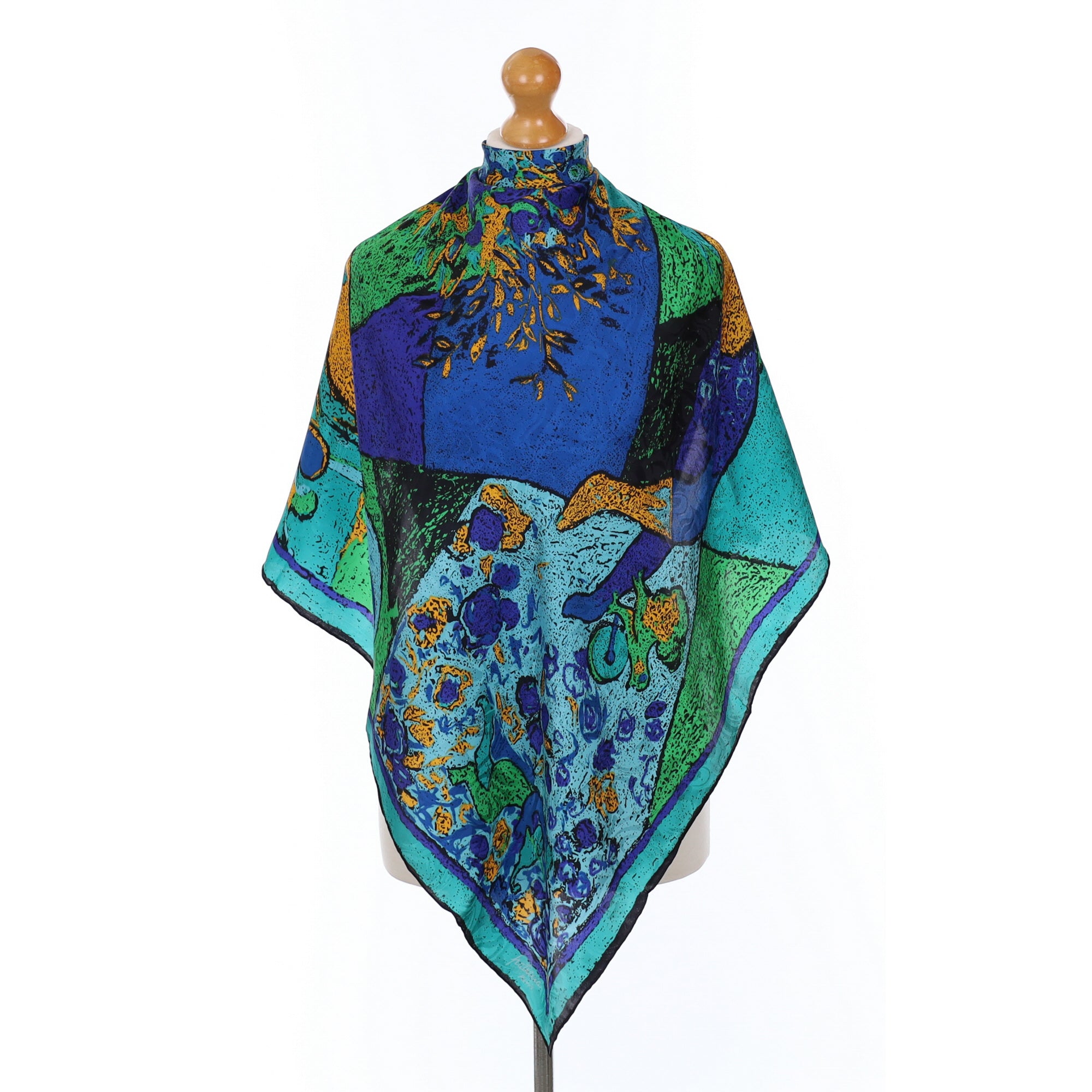 French Abstract Green Blue Silk Scarf