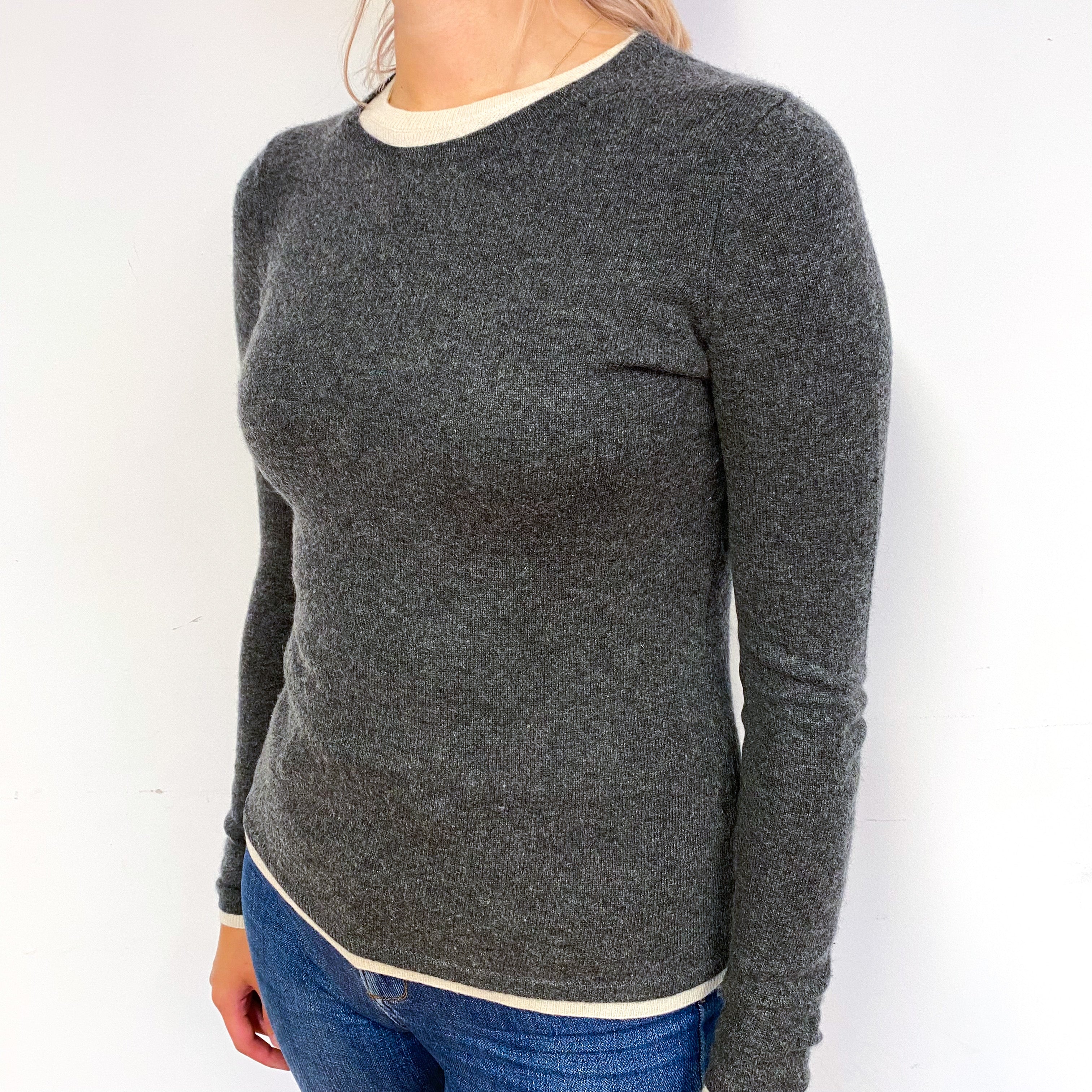 Slate Grey Cream Trim Cashmere Crew Neck Jumper Small