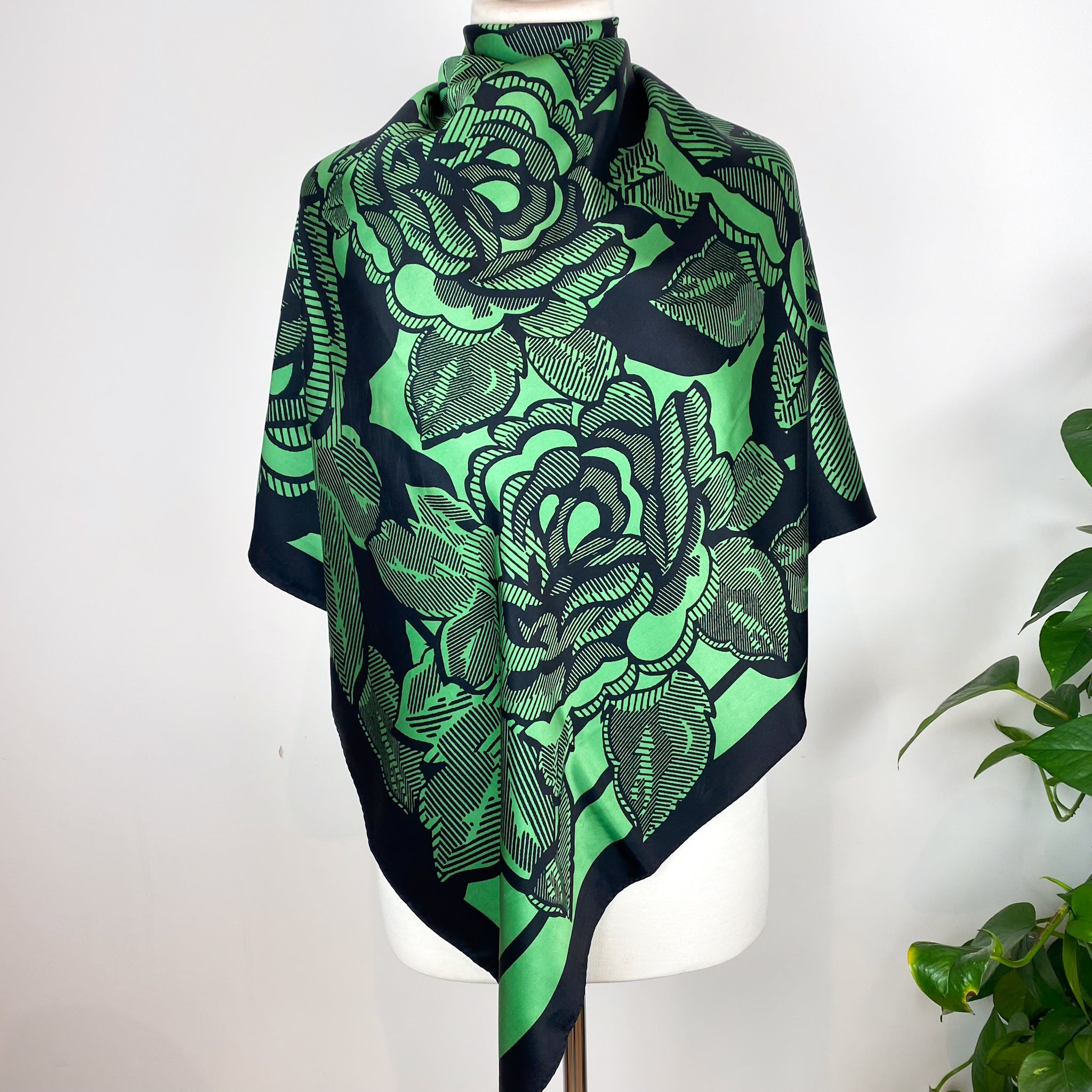 Jaeger Green and Black Abstract Floral Silk Scarf