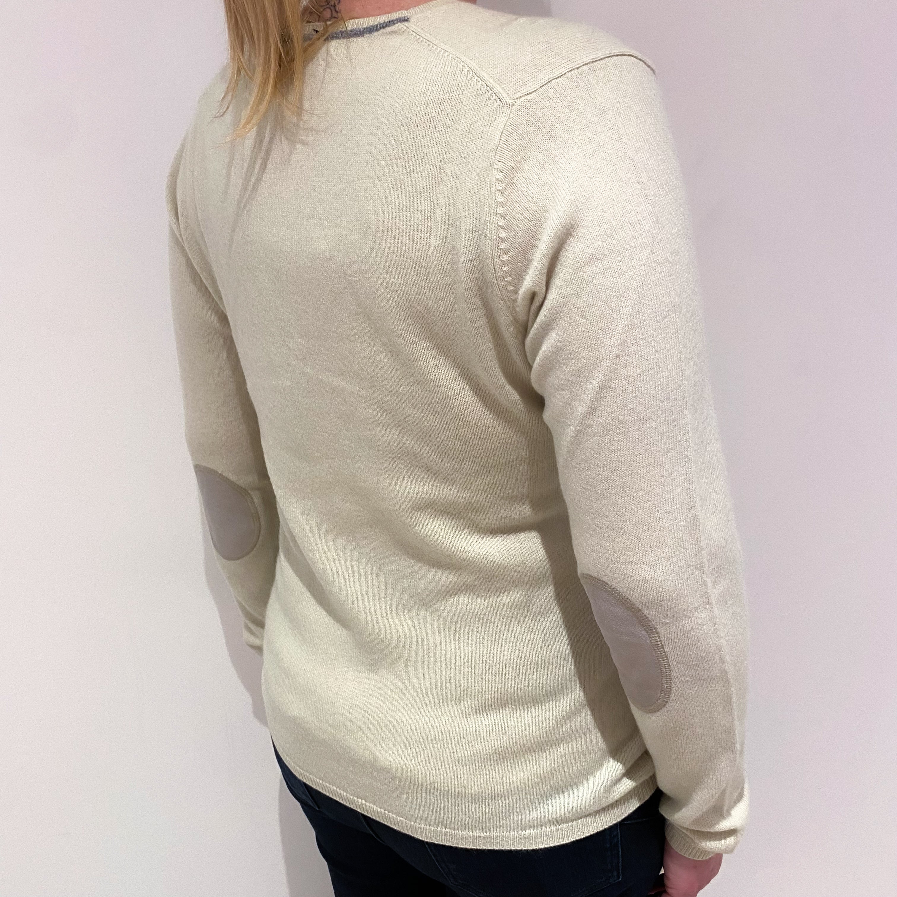 Palest Green Elbow Patch Cashmere V-Neck Jumper Large