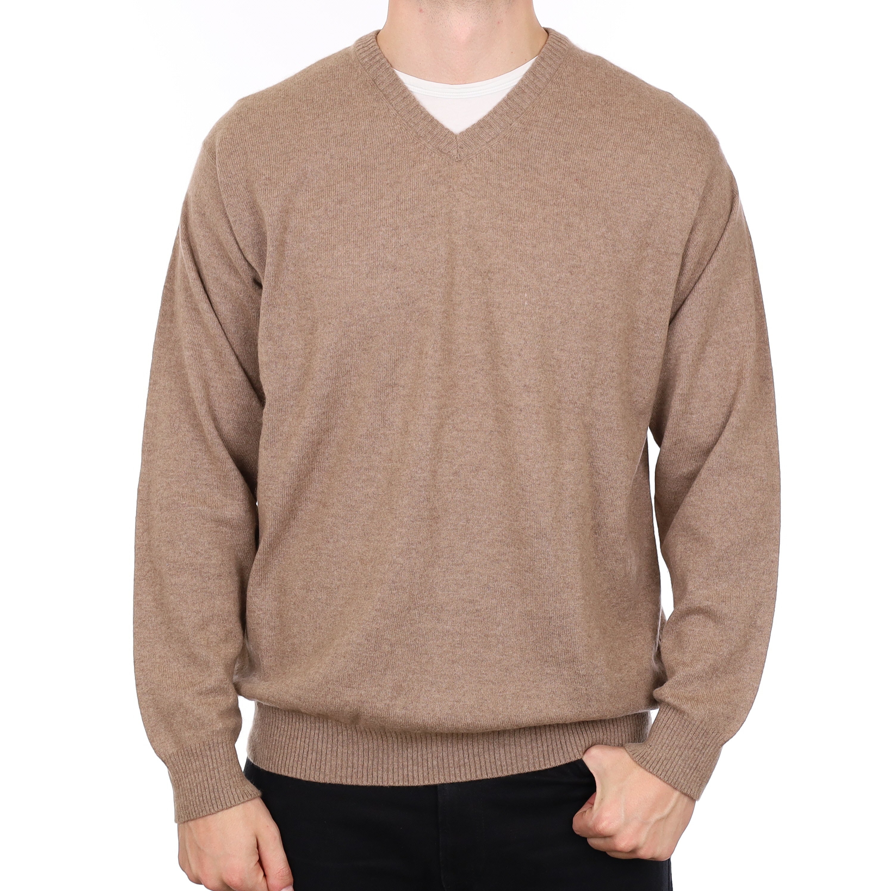 Men’s Taupe Brown Cashmere V Neck Jumper Extra Large