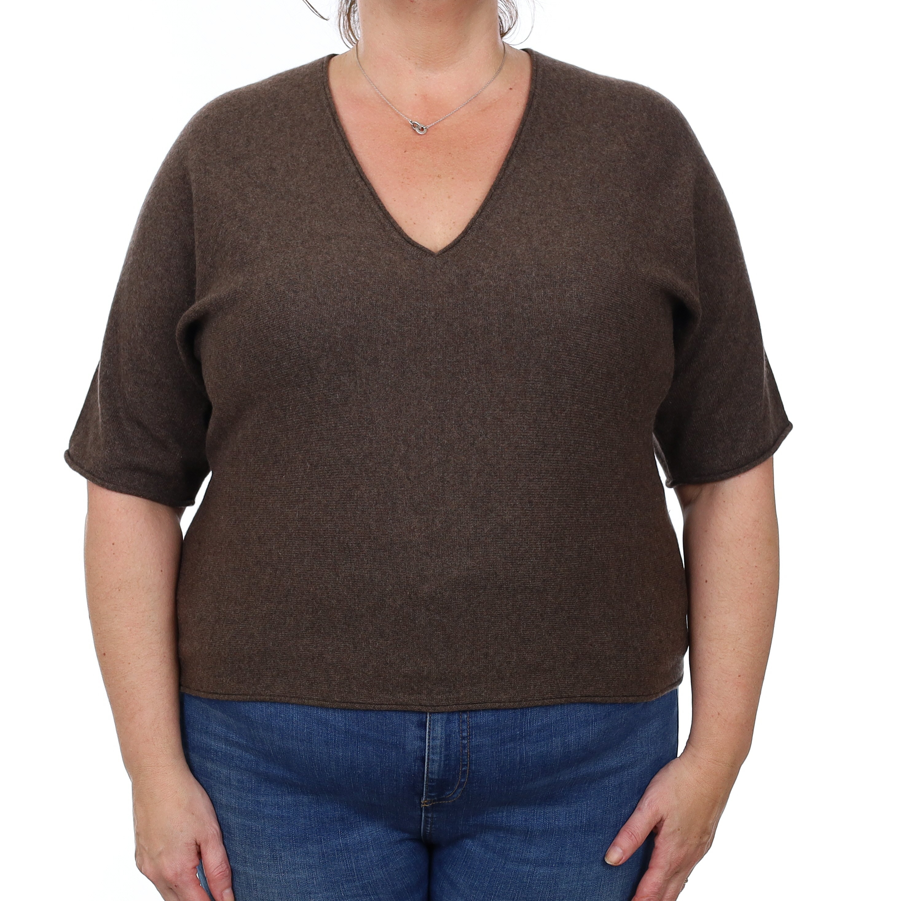 Mole Brown Cashmere Short Sleeved V Neck Jumper XL